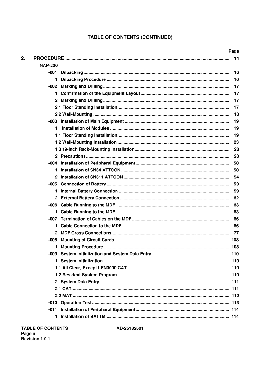 NEC 120 manual Table of Contents 