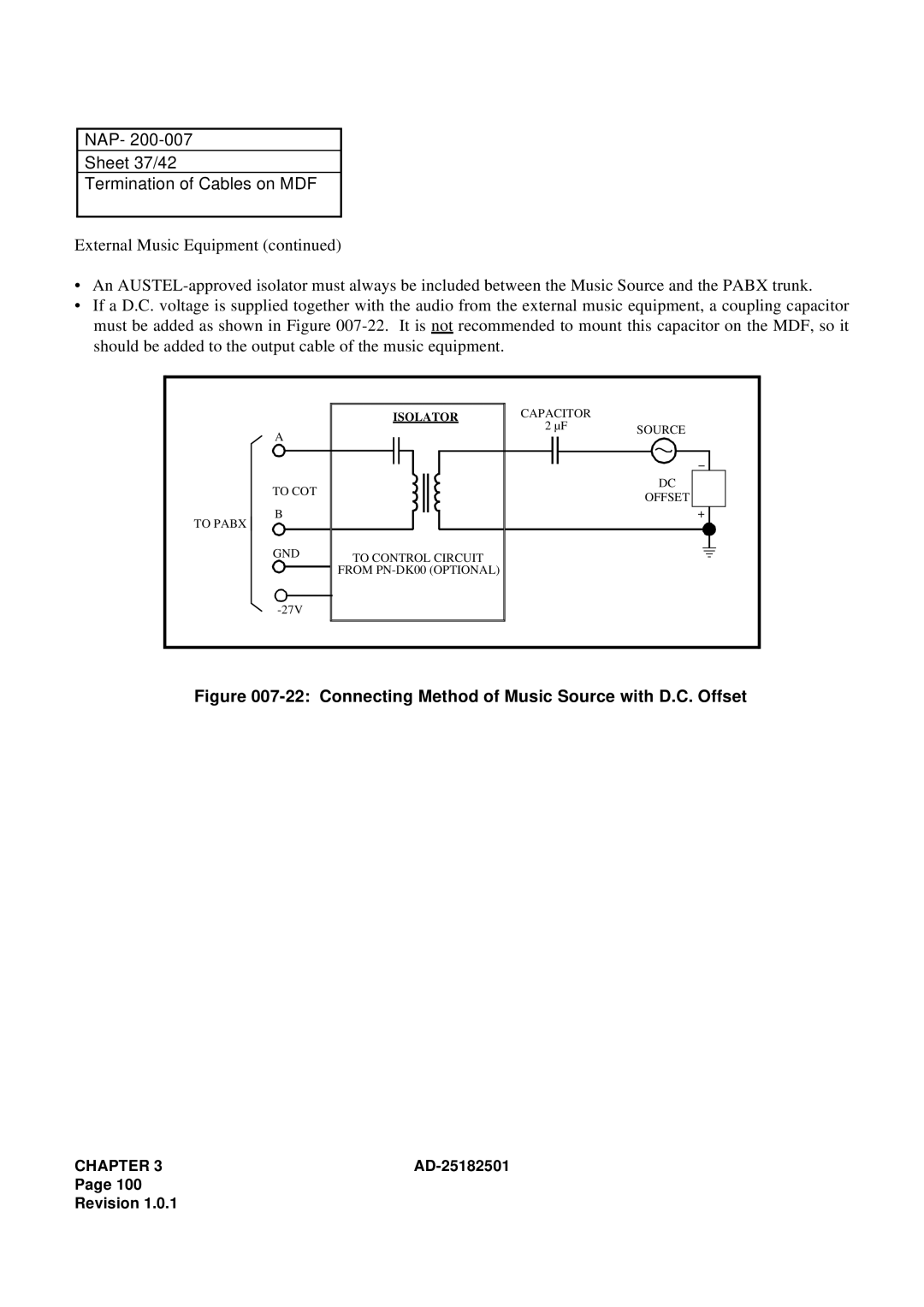 NEC 120 manual NAP Sheet 37/42 Termination of Cables on MDF, Connecting Method of Music Source with D.C. Offset 