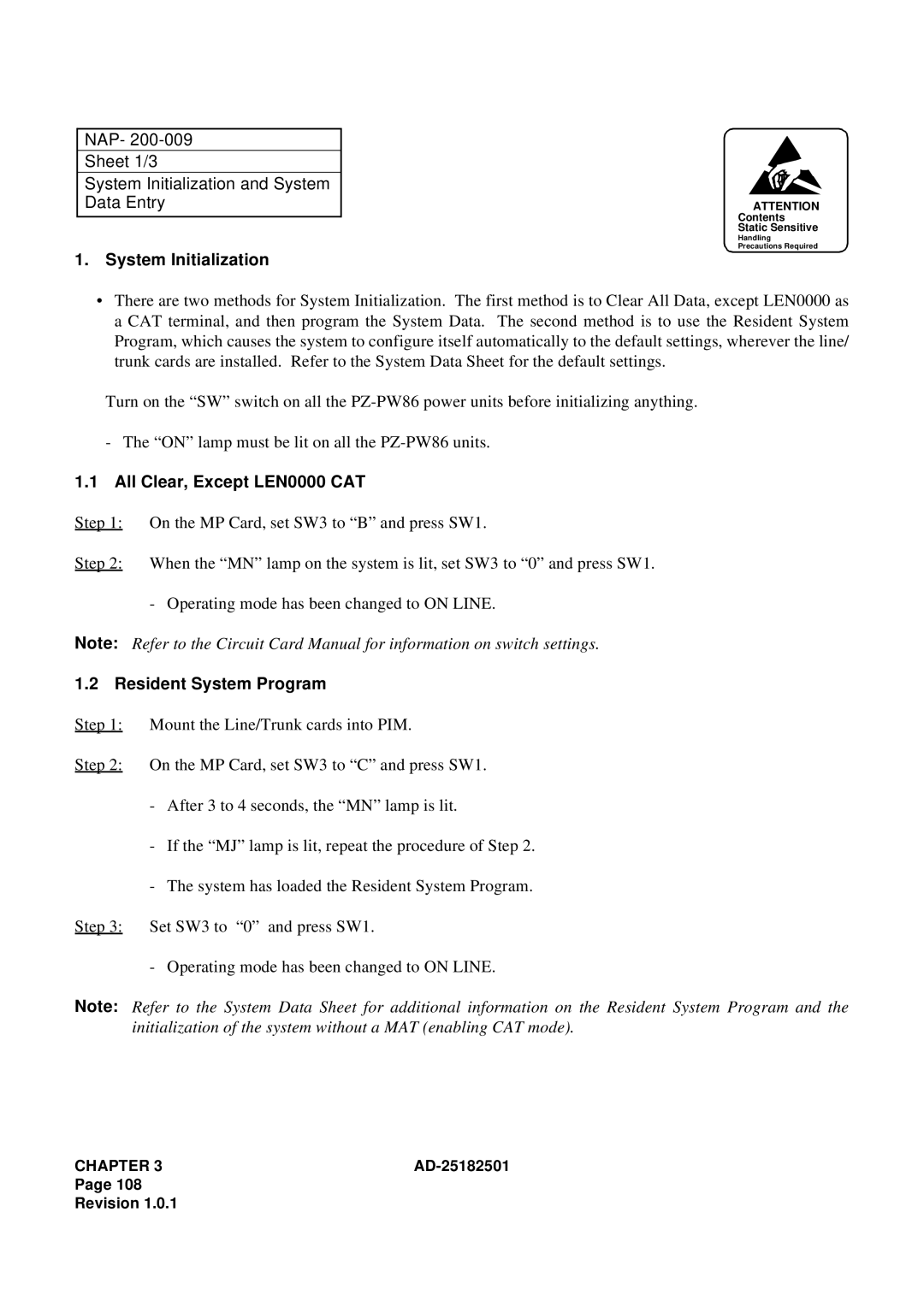 NEC 120 NAP Sheet 1/3 System Initialization and System Data Entry, All Clear, Except LEN0000 CAT, Resident System Program 