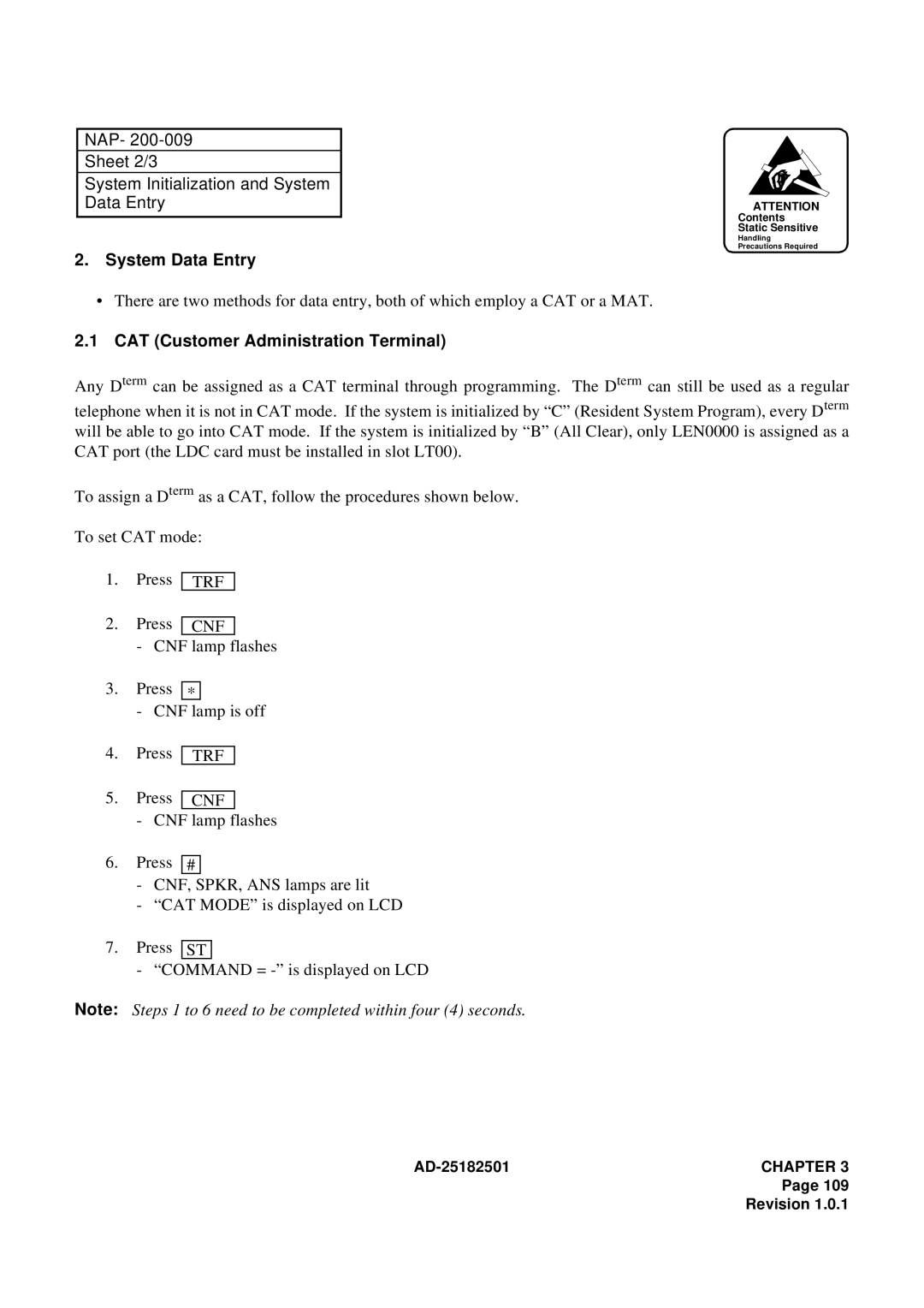 NEC 120 manual NAP Sheet 2/3 System Initialization and System Data Entry, CAT Customer Administration Terminal 