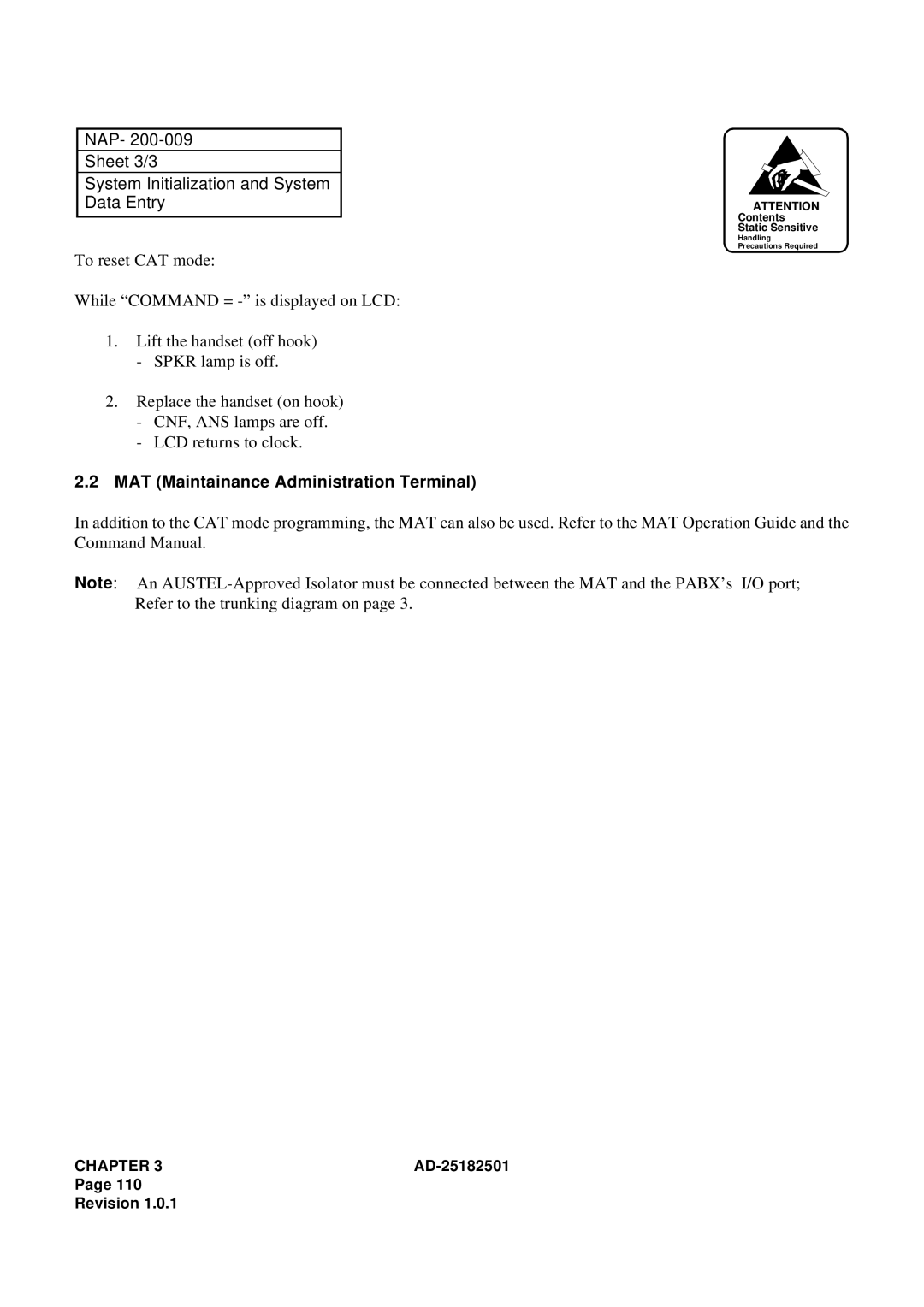 NEC 120 manual NAP Sheet 3/3 System Initialization and System Data Entry, MAT Maintainance Administration Terminal 