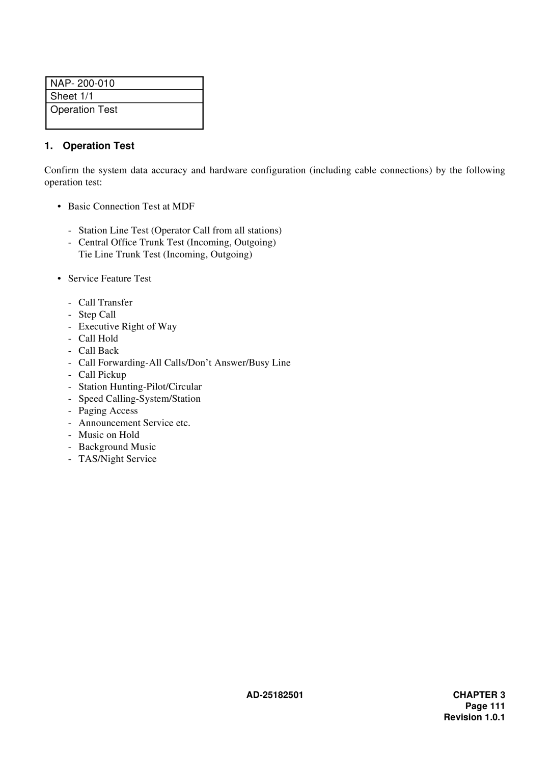 NEC 120 manual NAP Sheet 1/1 Operation Test 