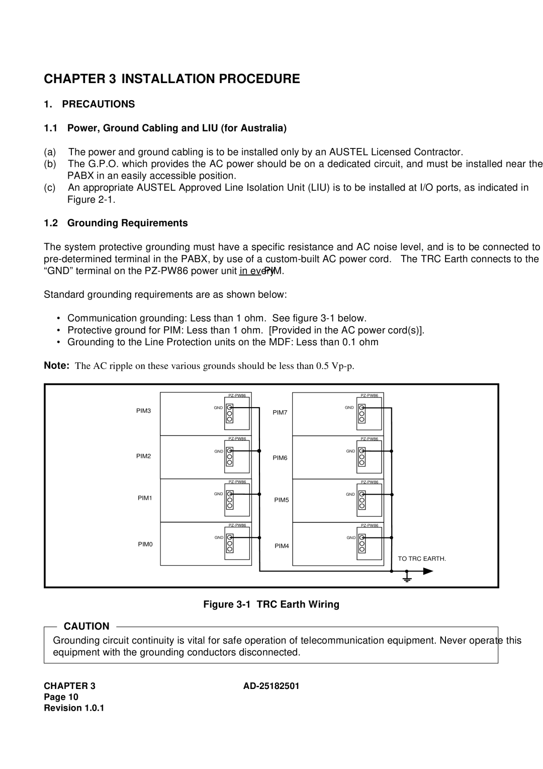 NEC 120 manual Precautions, Power, Ground Cabling and LIU for Australia, Grounding Requirements 