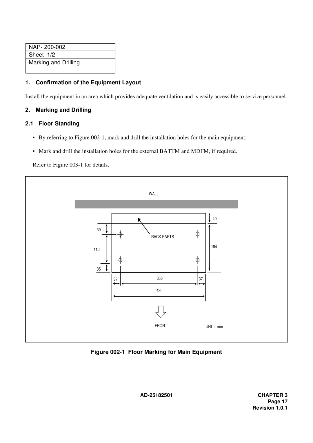 NEC 120 NAP Sheet 1/2 Marking and Drilling, Confirmation of the Equipment Layout, Marking and Drilling Floor Standing 