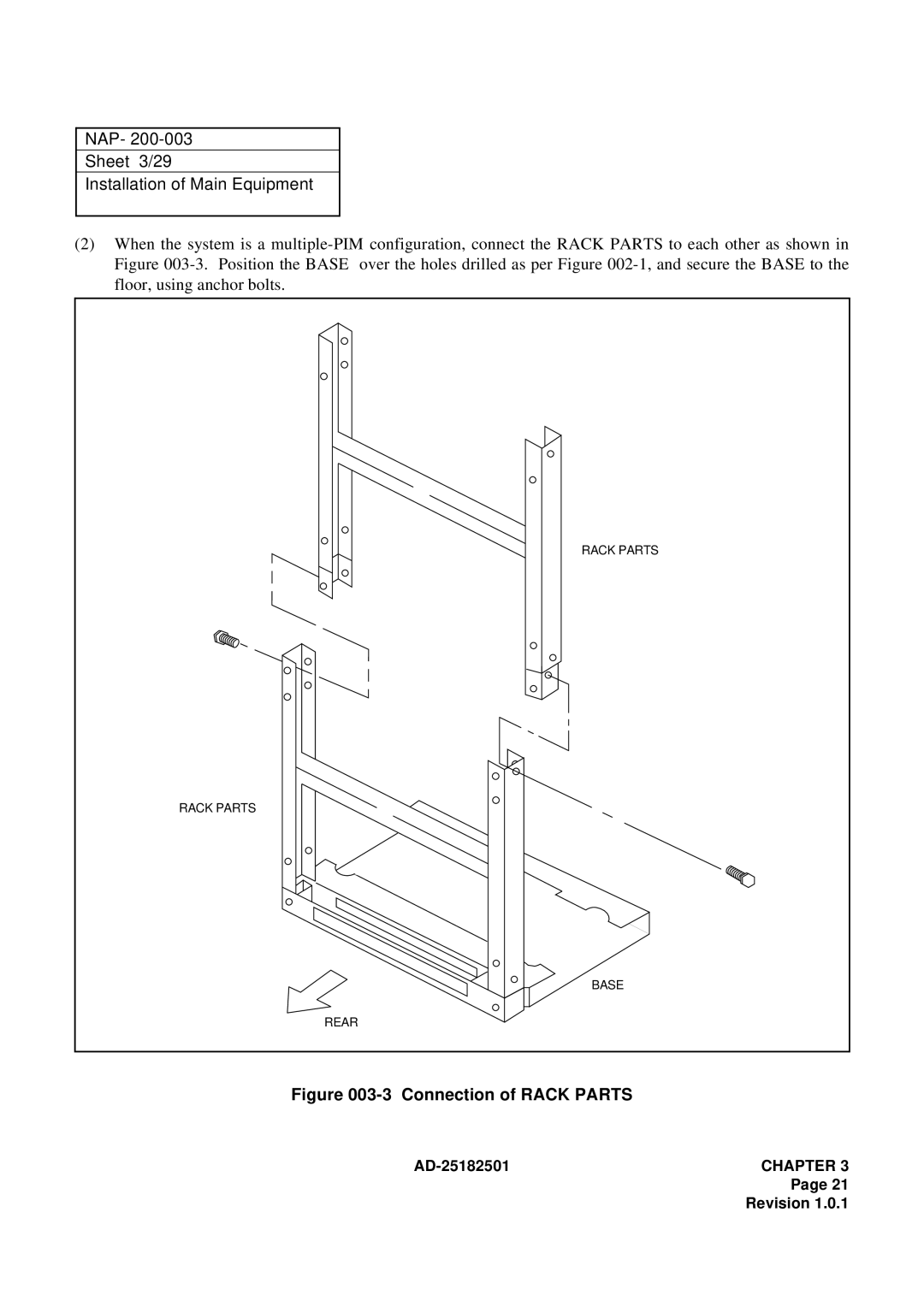 NEC 120 manual NAP Sheet 3/29 Installation of Main Equipment, Connection of Rack Parts 