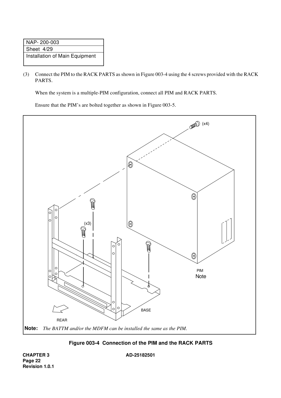 NEC 120 manual NAP Sheet 4/29 Installation of Main Equipment, Connection of the PIM and the Rack Parts 