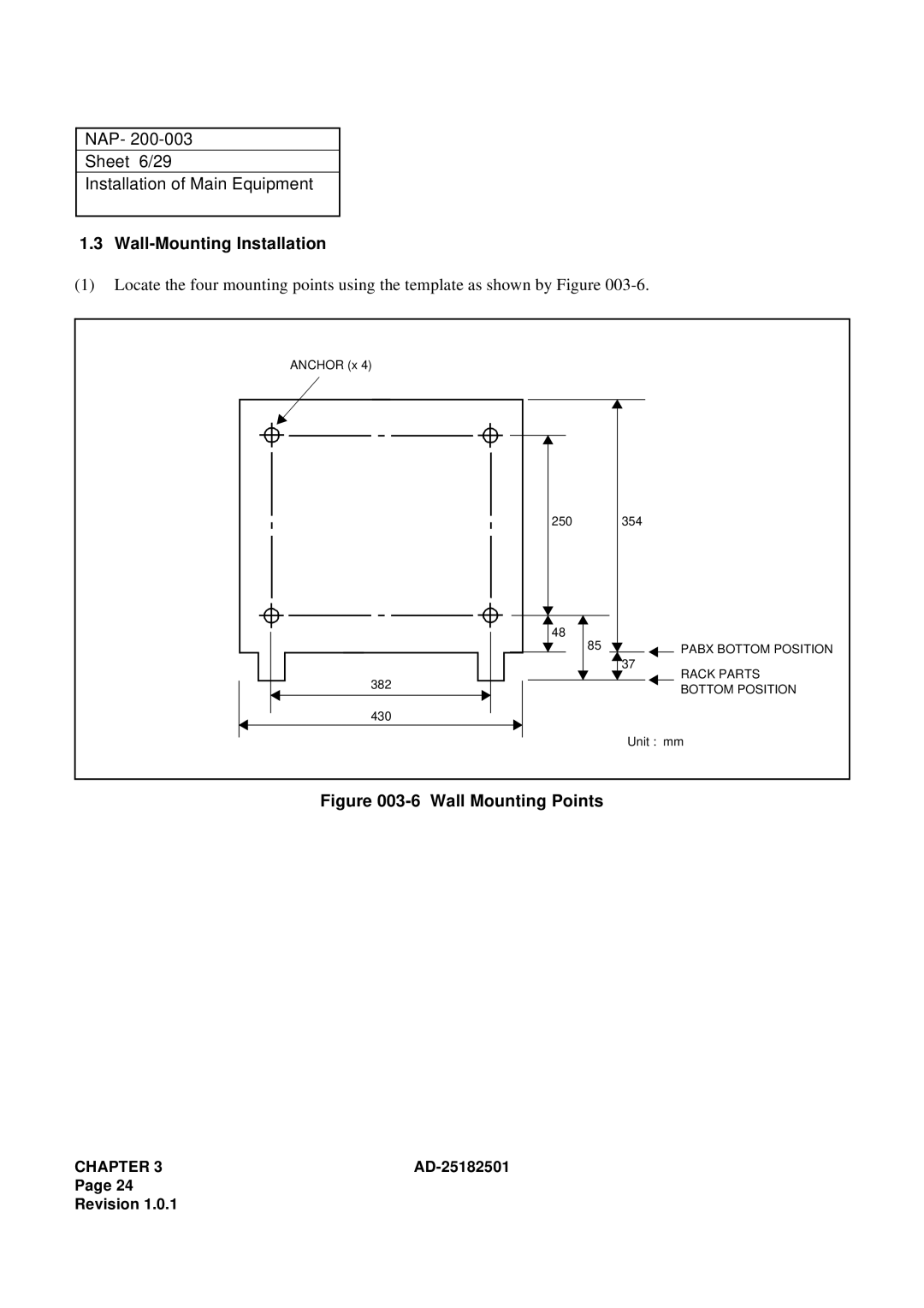 NEC 120 manual NAP Sheet 6/29 Installation of Main Equipment, Wall-Mounting Installation 