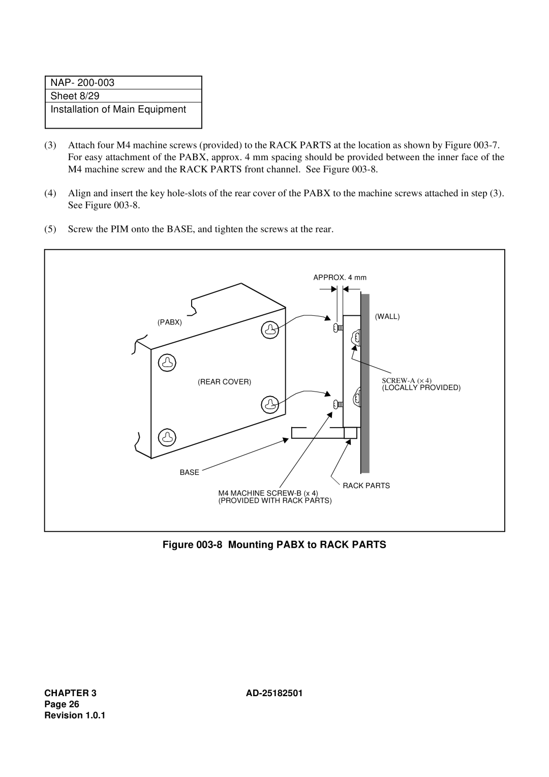 NEC 120 manual NAP Sheet 8/29 Installation of Main Equipment, Mounting Pabx to Rack Parts 