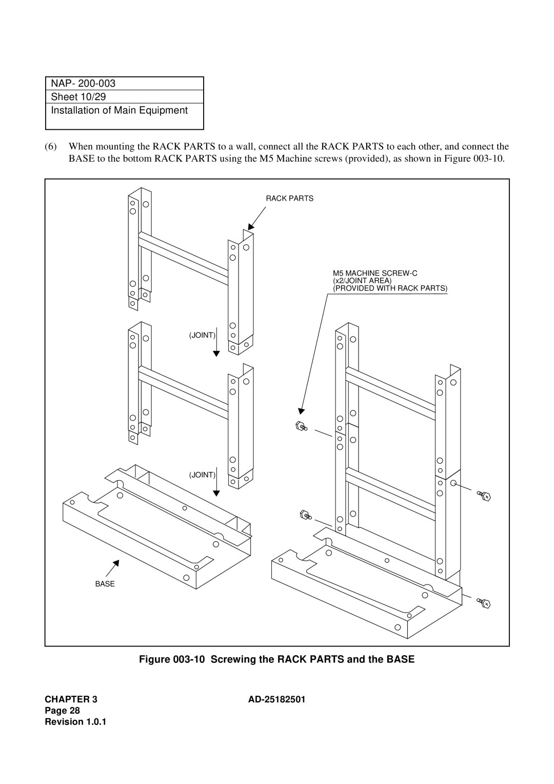 NEC 120 manual NAP Sheet 10/29 Installation of Main Equipment, Screwing the Rack Parts and the Base 