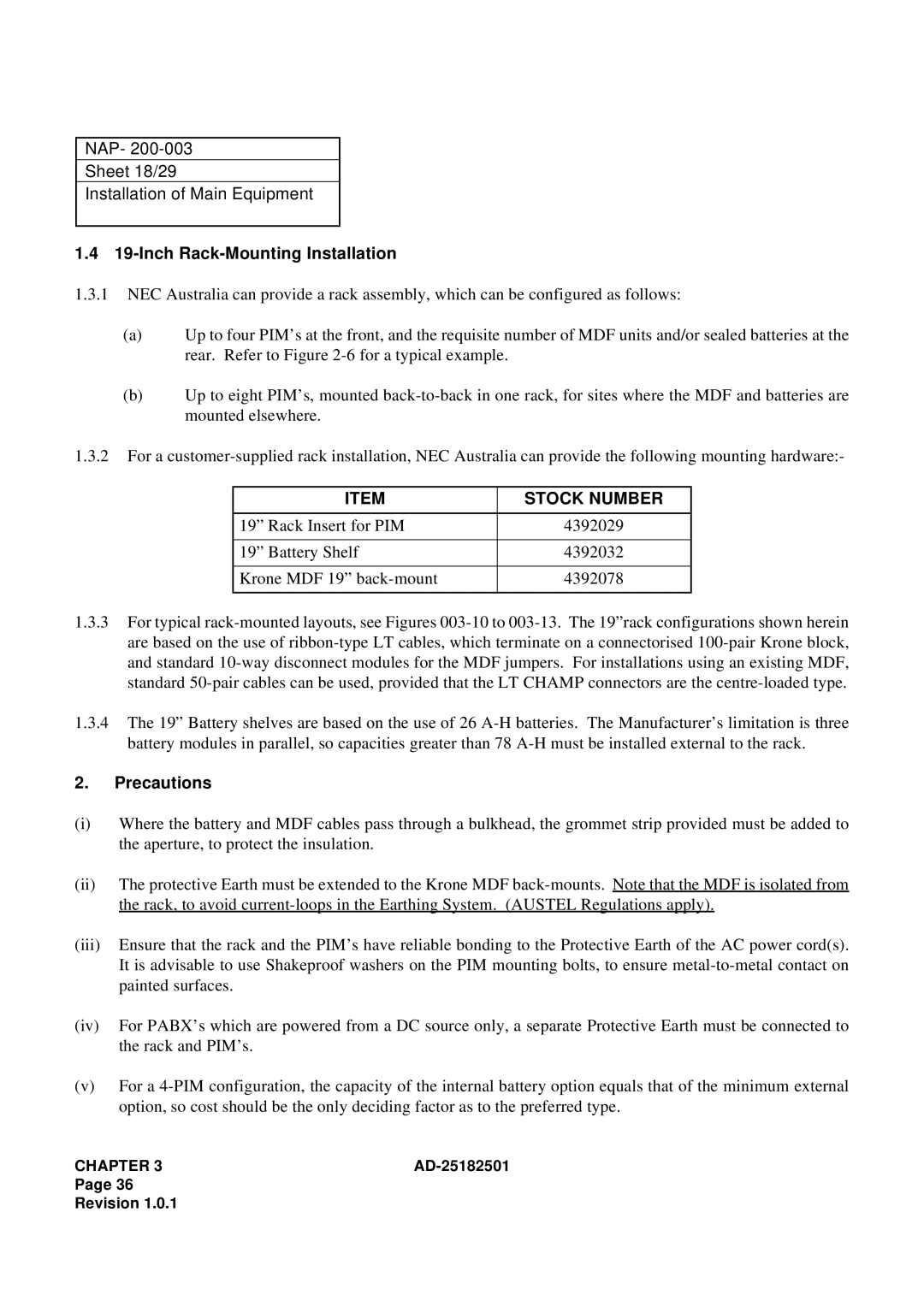 NEC 120 manual NAP Sheet 18/29 Installation of Main Equipment, Inch Rack-Mounting Installation, Stock Number, Precautions 