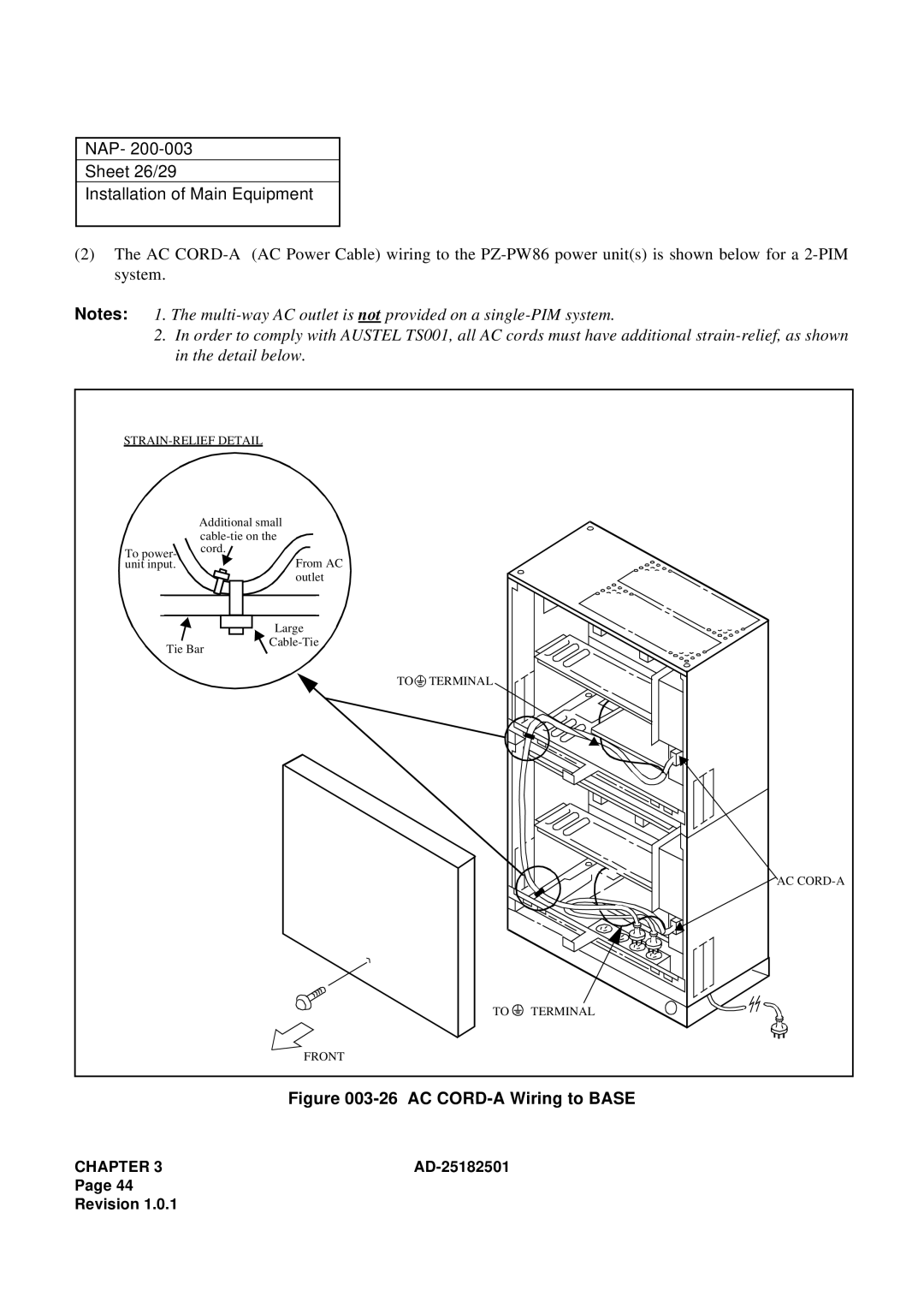 NEC 120 manual NAP Sheet 26/29 Installation of Main Equipment, AC CORD-A Wiring to Base 