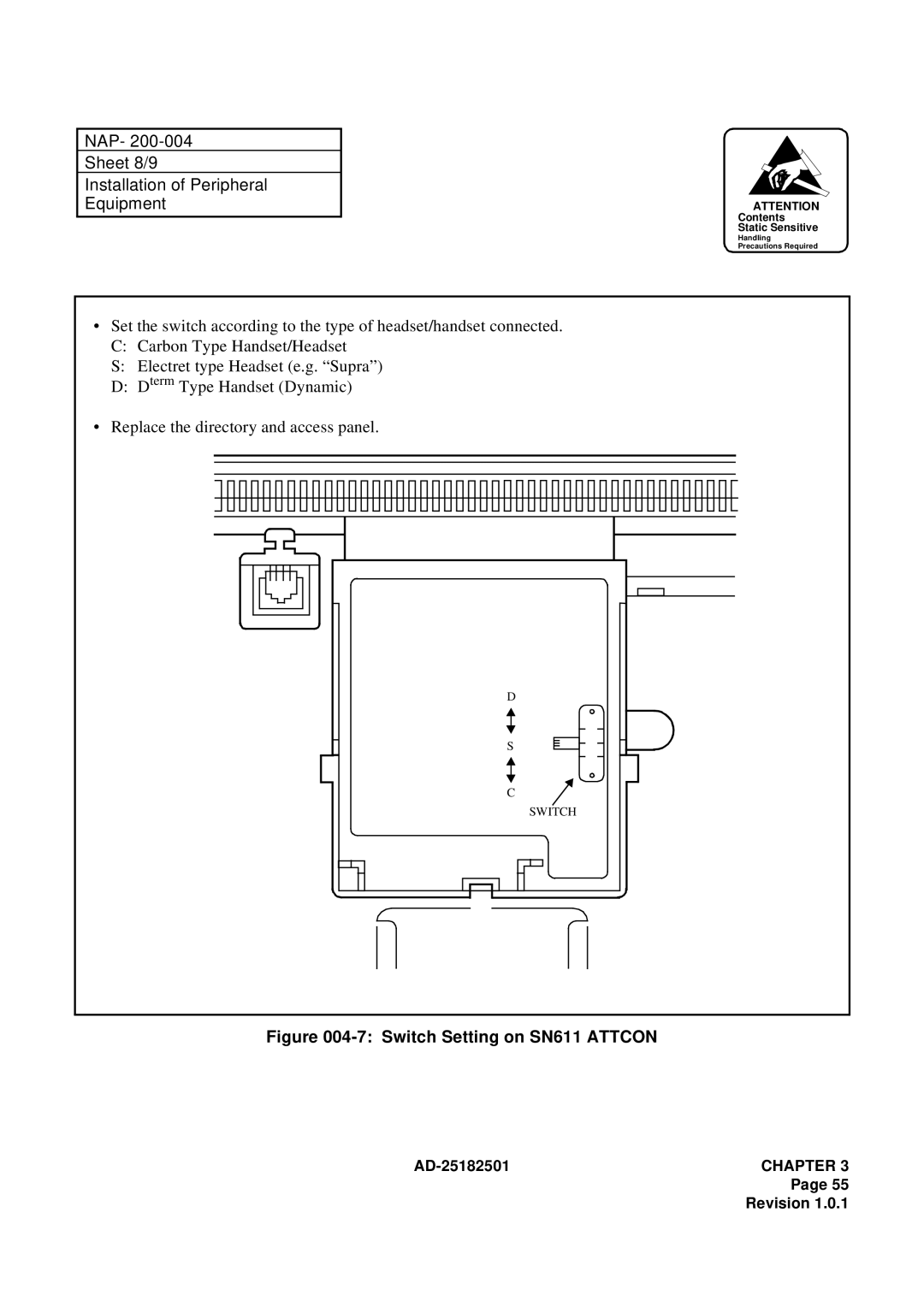 NEC 120 manual NAP Sheet 8/9 Installation of Peripheral Equipment, Switch Setting on SN611 Attcon 