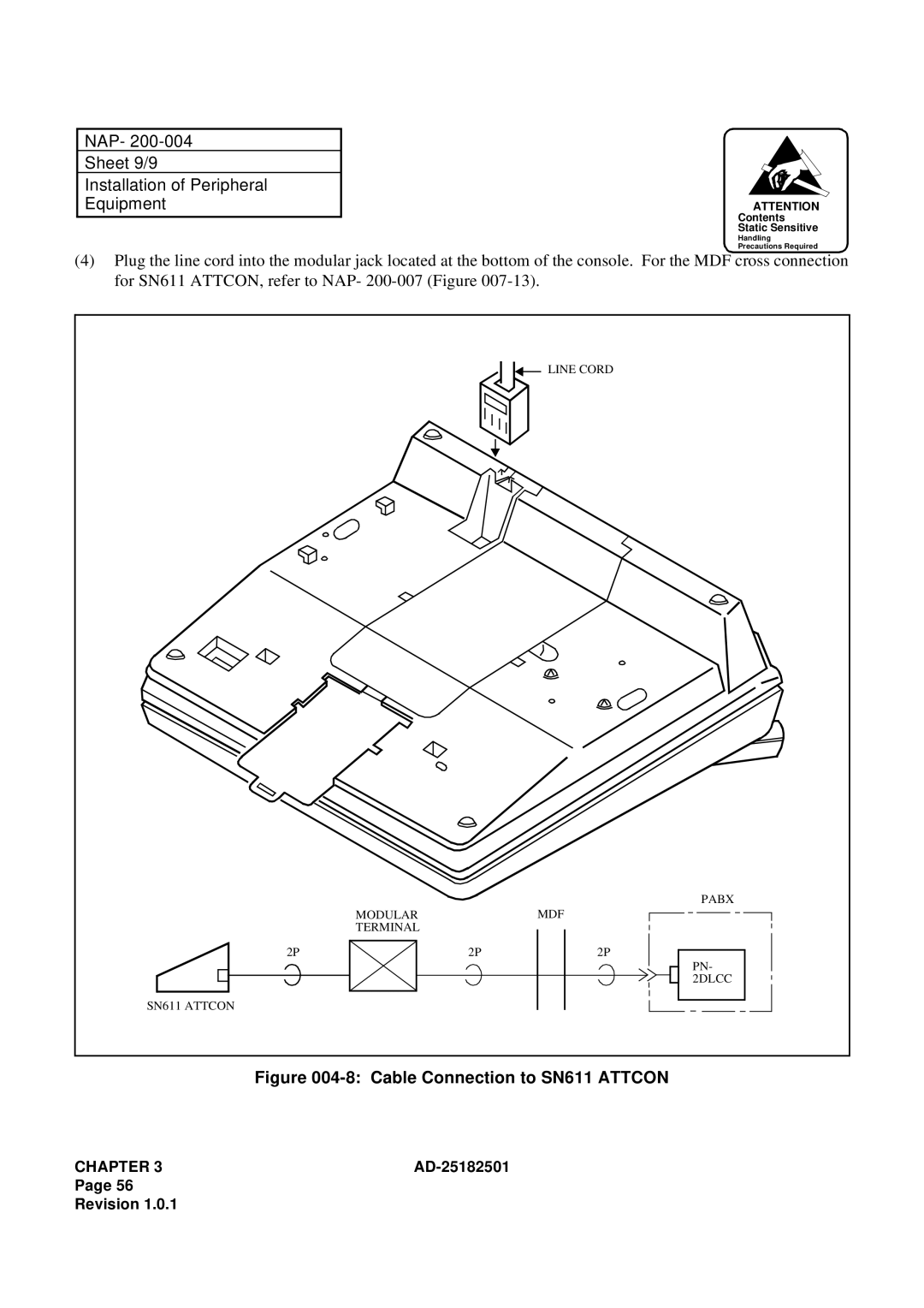 NEC 120 manual NAP Sheet 9/9 Installation of Peripheral Equipment, Cable Connection to SN611 Attcon 