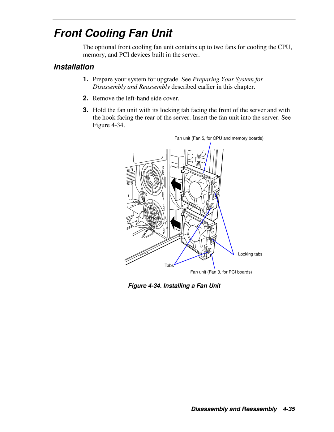 NEC 120Lg manual Front Cooling Fan Unit, Installing a Fan Unit Disassembly and Reassembly 