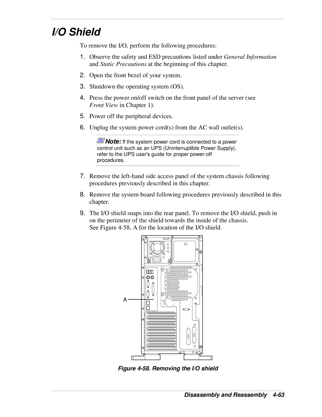 NEC 120Lg manual Shield, Removing the I/O shield Disassembly and Reassembly 