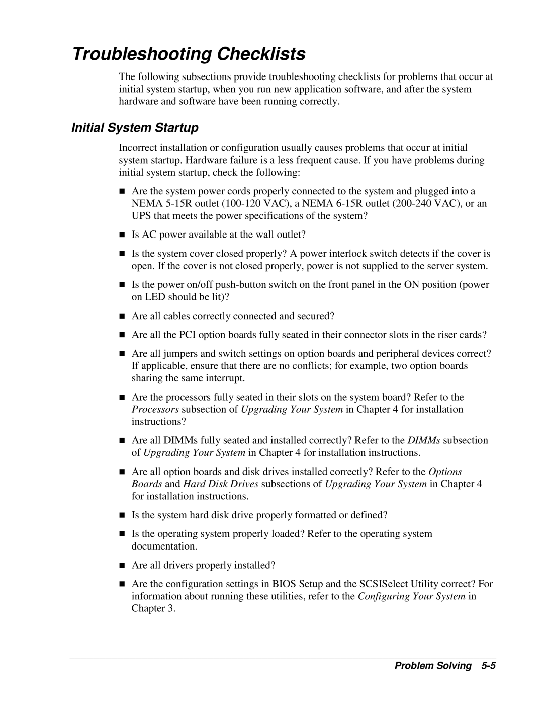 NEC 120Lg manual Troubleshooting Checklists, Initial System Startup 