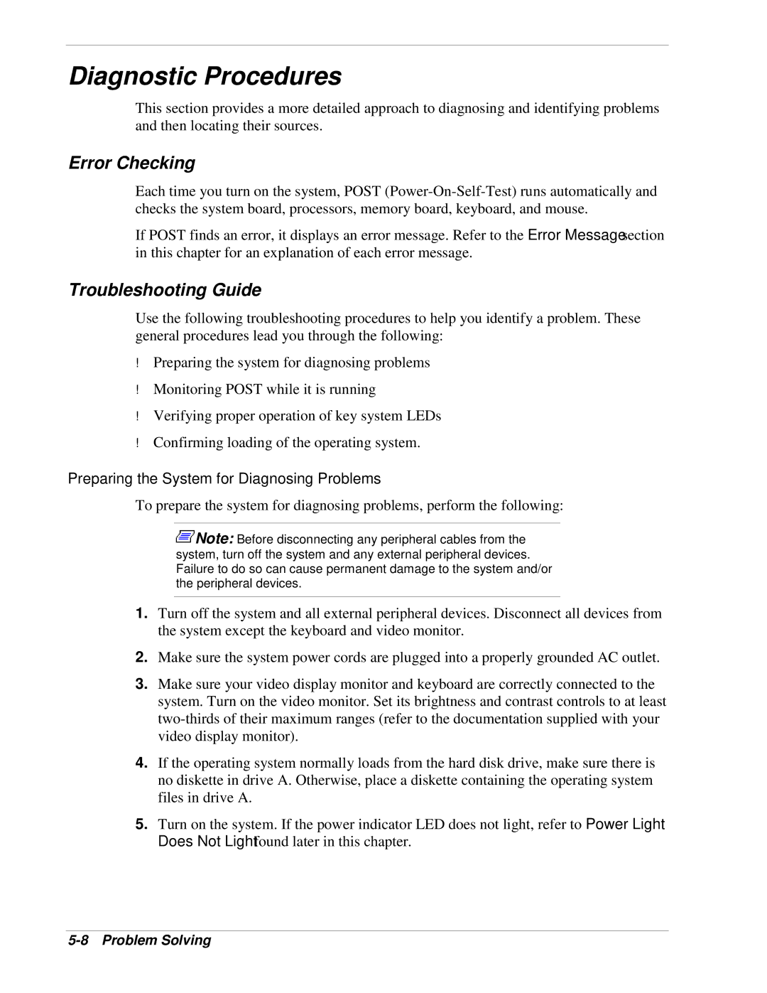 NEC 120Lg manual Diagnostic Procedures, Error Checking, Troubleshooting Guide, Preparing the System for Diagnosing Problems 