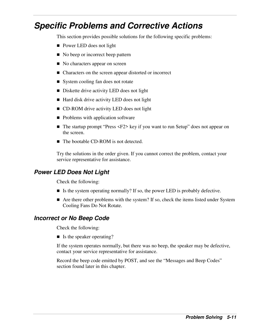 NEC 120Lg manual Specific Problems and Corrective Actions, Power LED Does Not Light, Incorrect or No Beep Code 