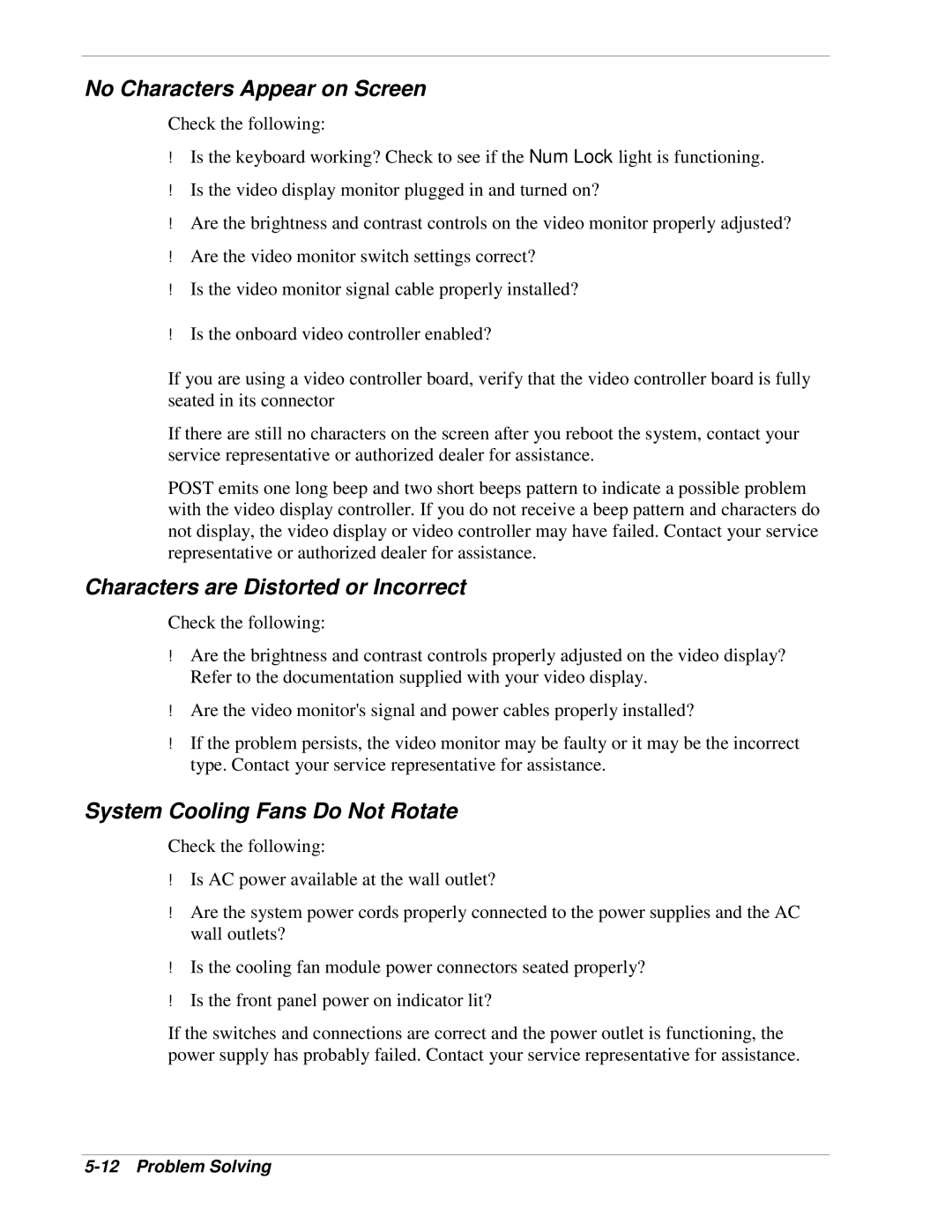 NEC 120Lg manual No Characters Appear on Screen, Characters are Distorted or Incorrect, System Cooling Fans Do Not Rotate 