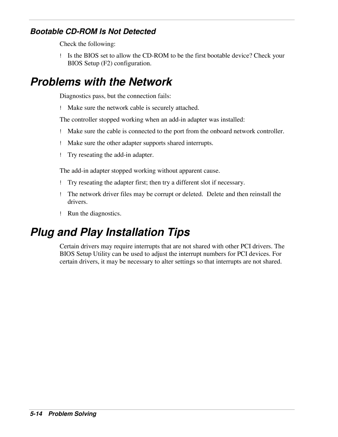 NEC 120Lg manual Problems with the Network, Plug and Play Installation Tips, Bootable CD-ROM Is Not Detected 