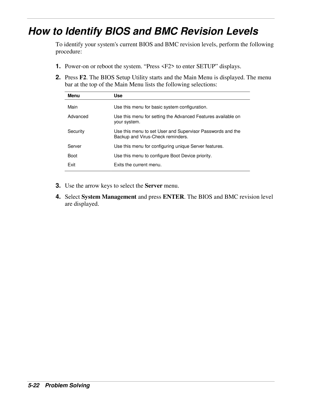 NEC 120Lg manual How to Identify Bios and BMC Revision Levels, Menu Use 