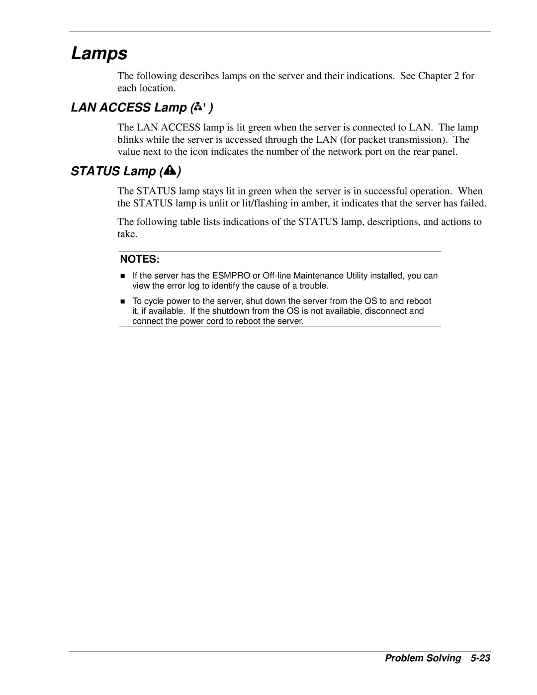 NEC 120Lg manual Lamps, LAN Access Lamp, Status Lamp 