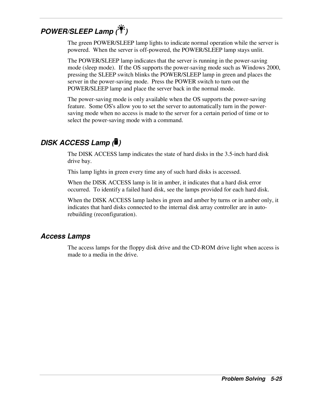 NEC 120Lg manual POWER/SLEEP Lamp, Disk Access Lamp, Access Lamps 