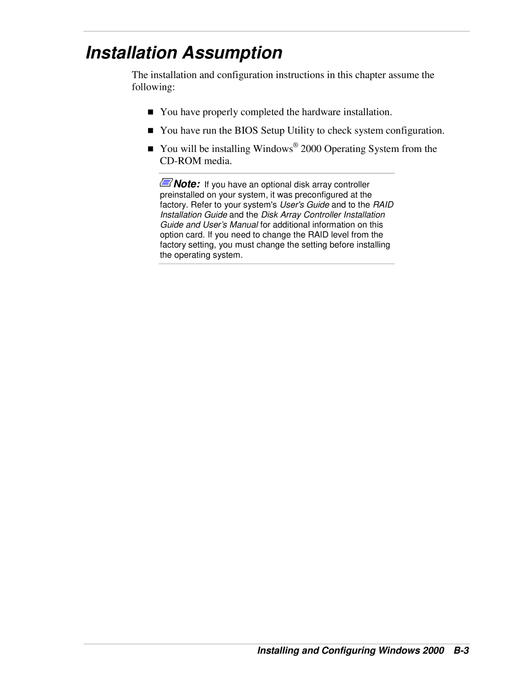 NEC 120Lg manual Installation Assumption, Installing and Configuring Windows 2000 B-3 