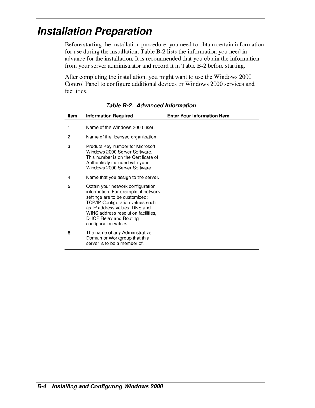 NEC 120Lg Installation Preparation, Table B-2. Advanced Information, Information Required Enter Your Information Here 