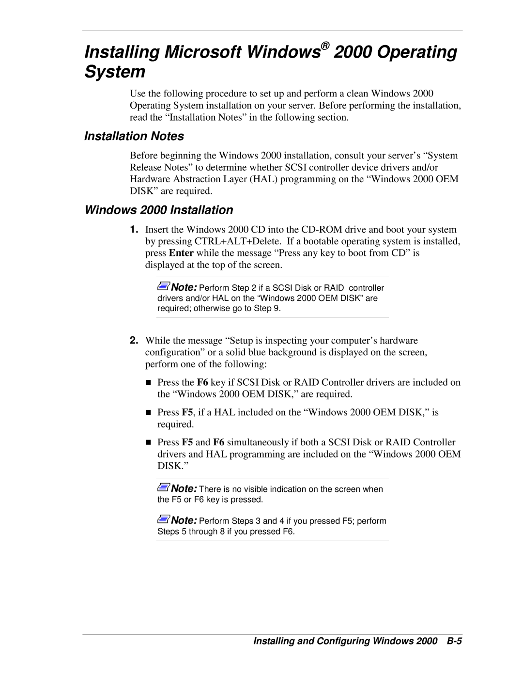 NEC 120Lg manual Installing Microsoft Windows 2000 Operating System, Installation Notes, Windows 2000 Installation 