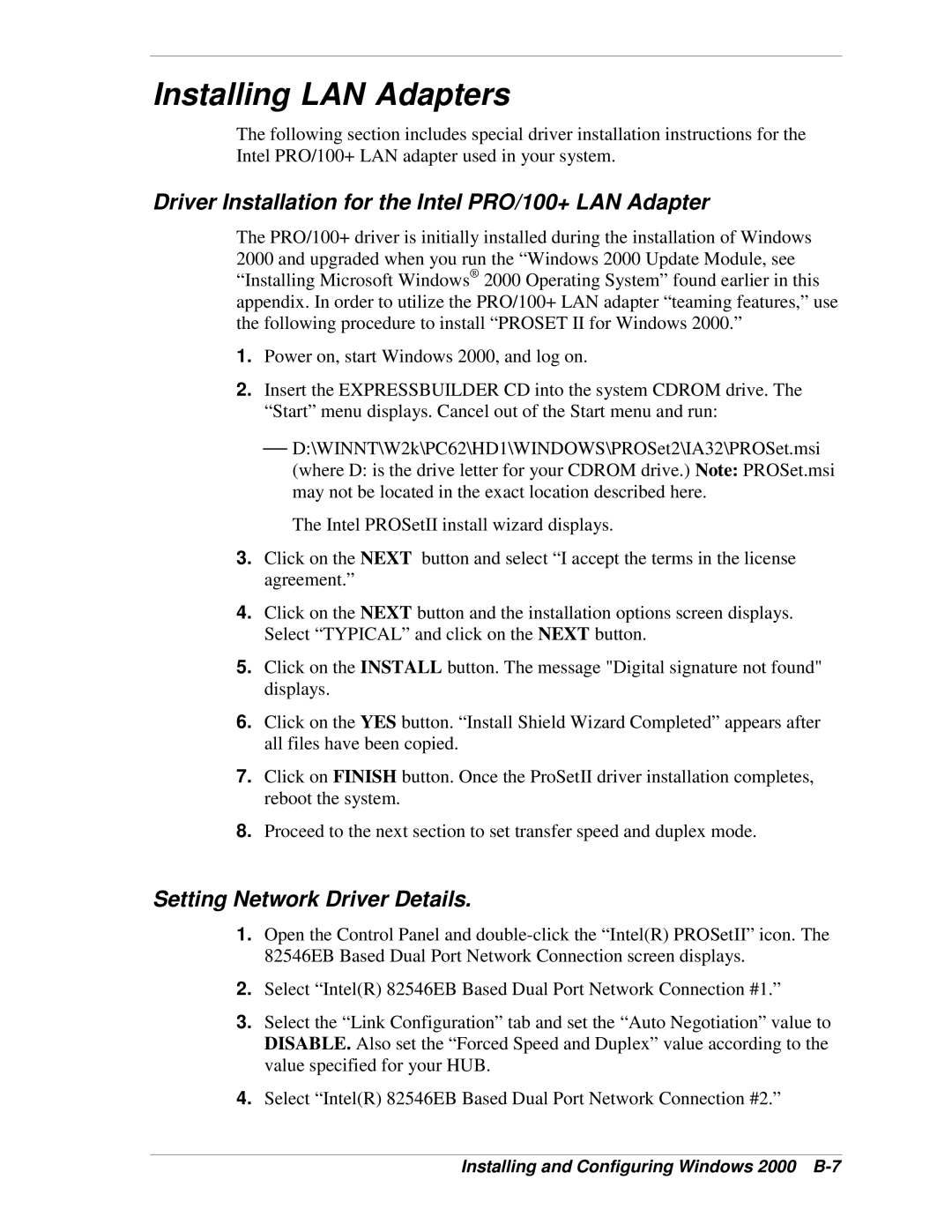 NEC 120Lg Installing LAN Adapters, Driver Installation for the Intel PRO/100+ LAN Adapter, Setting Network Driver Details 