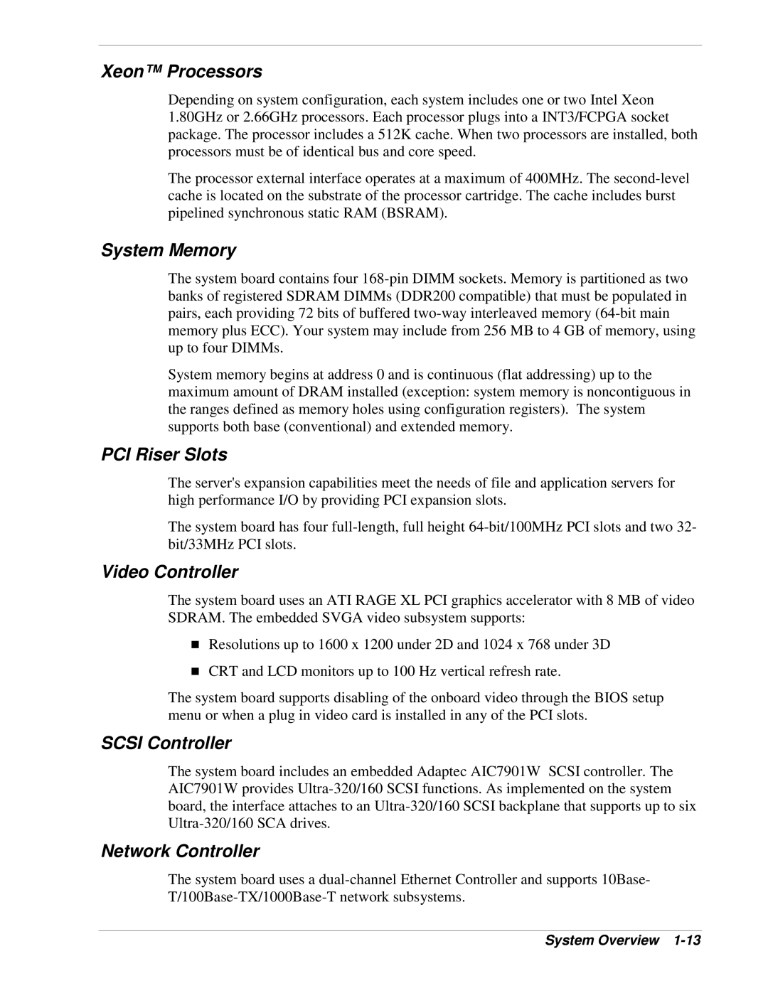 NEC 120Lg manual Xeon Processors, System Memory, PCI Riser Slots, Video Controller, Scsi Controller, Network Controller 