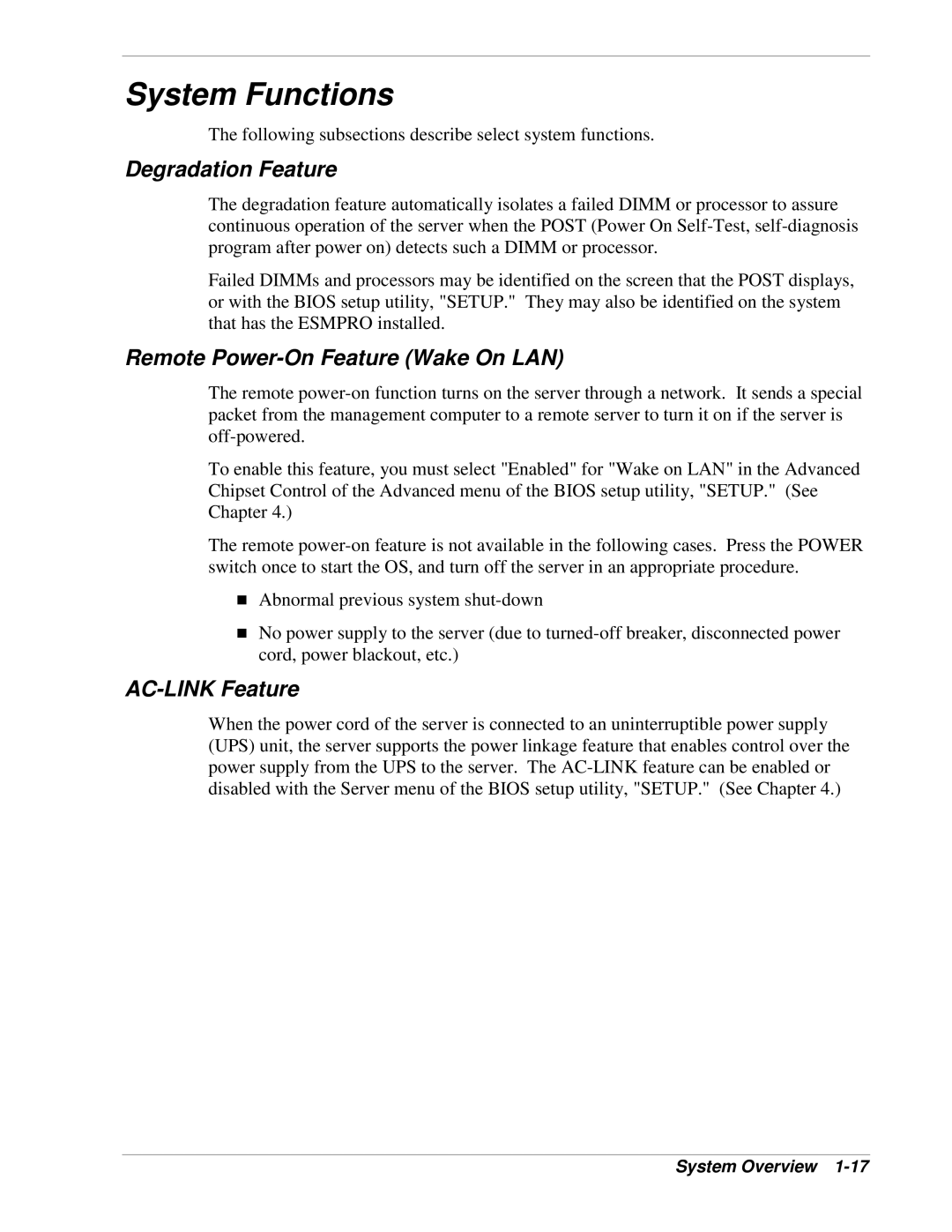 NEC 120Lg manual System Functions, Degradation Feature, Remote Power-On Feature Wake On LAN, AC-LINK Feature 