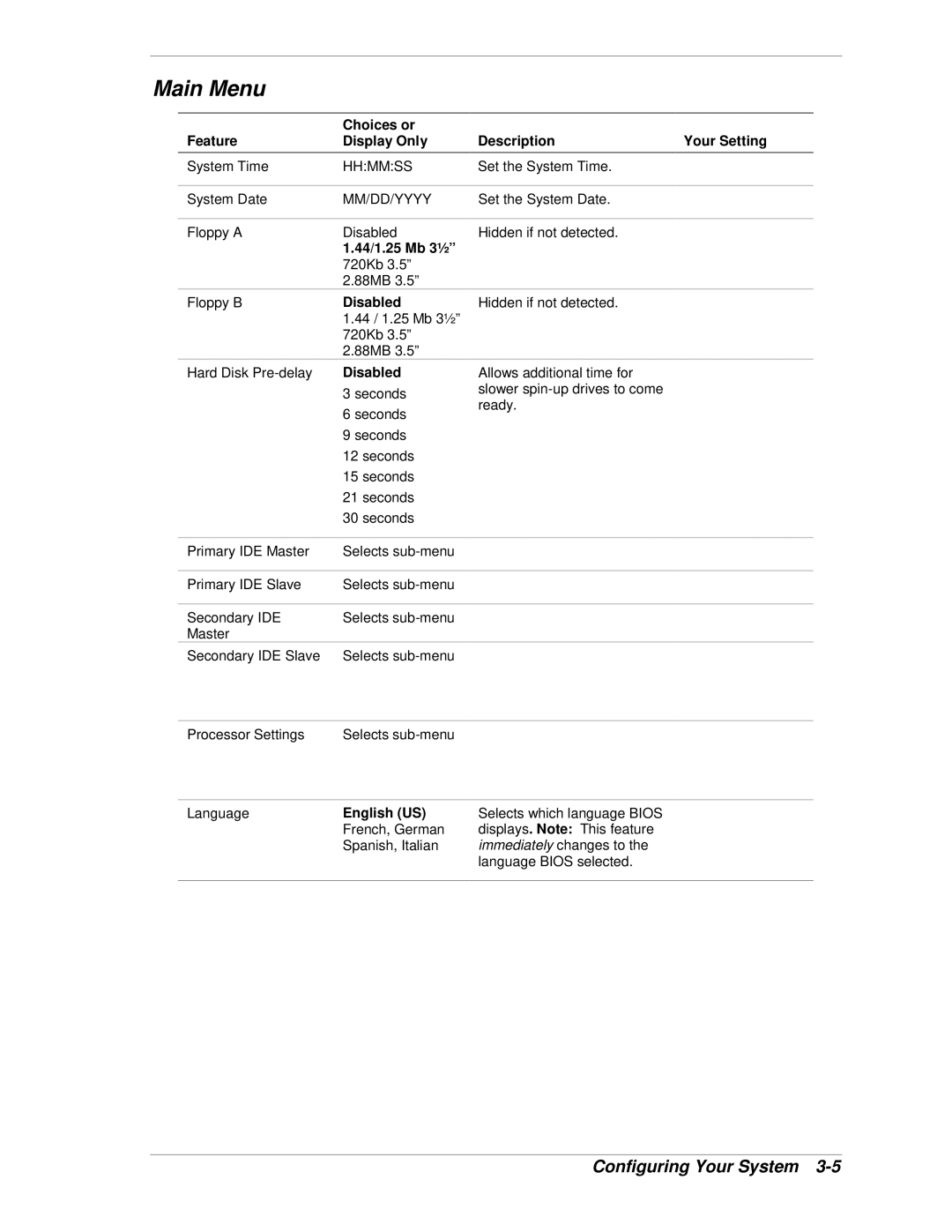 NEC 120Lg manual Main Menu, Choices or Feature Display Only Description Your Setting, 44/1.25 Mb 3½, Disabled, English US 