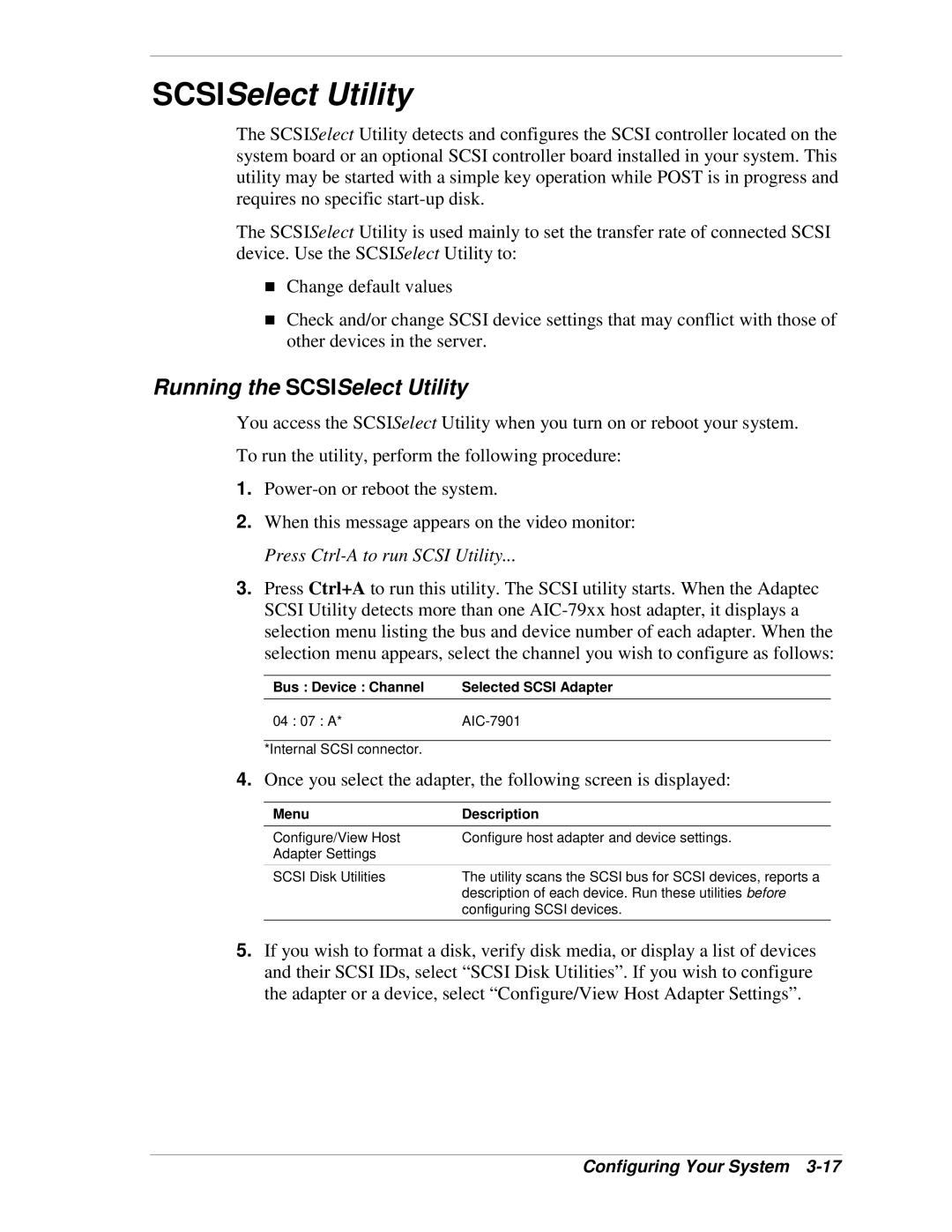 NEC 120Lg manual Running the SCSISelect Utility, Bus Device Channel Selected Scsi Adapter, Menu Description 