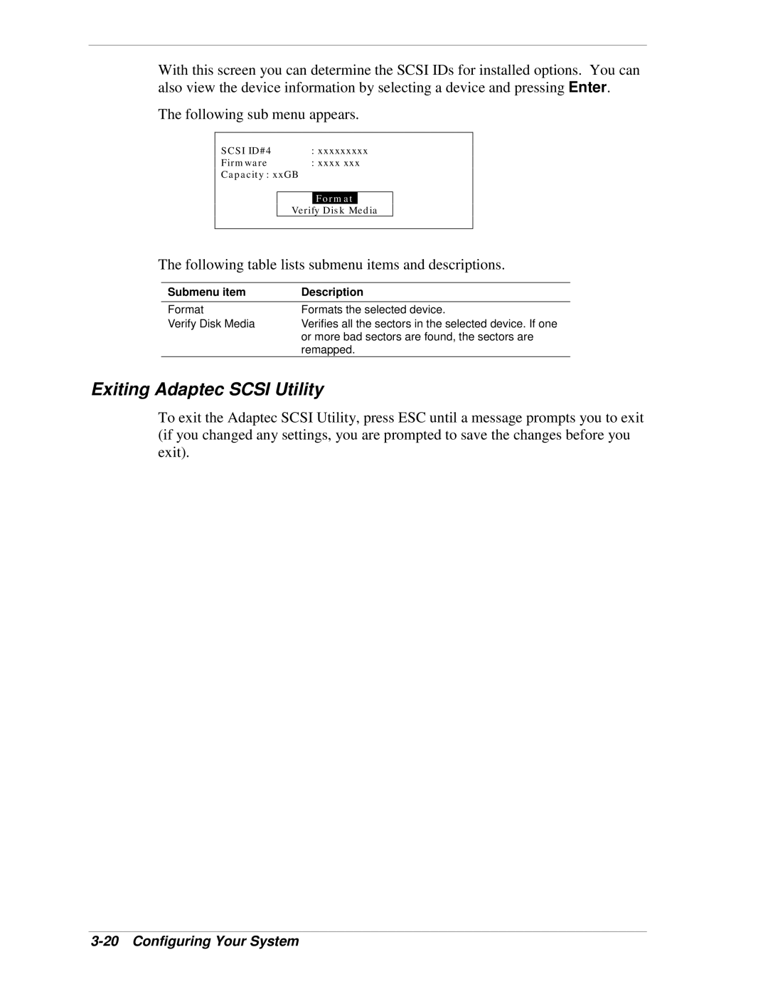 NEC 120Lg manual Exiting Adaptec Scsi Utility, Submenu item Description 