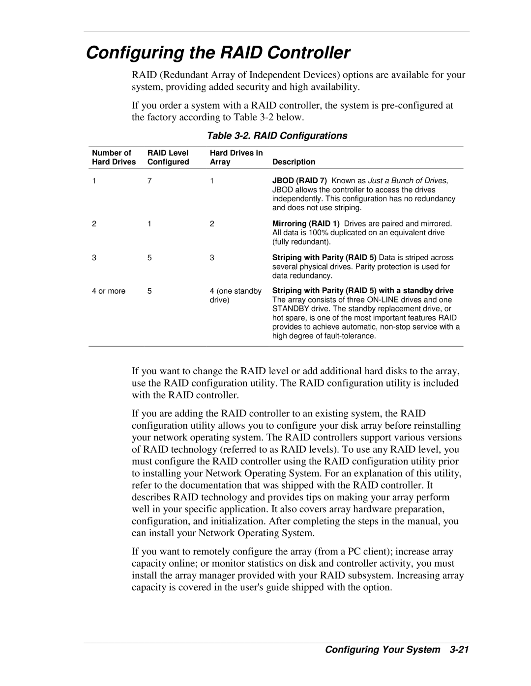 NEC 120Lg Configuring the RAID Controller, RAID Configurations, Number RAID Level Hard Drives Configured Array Description 