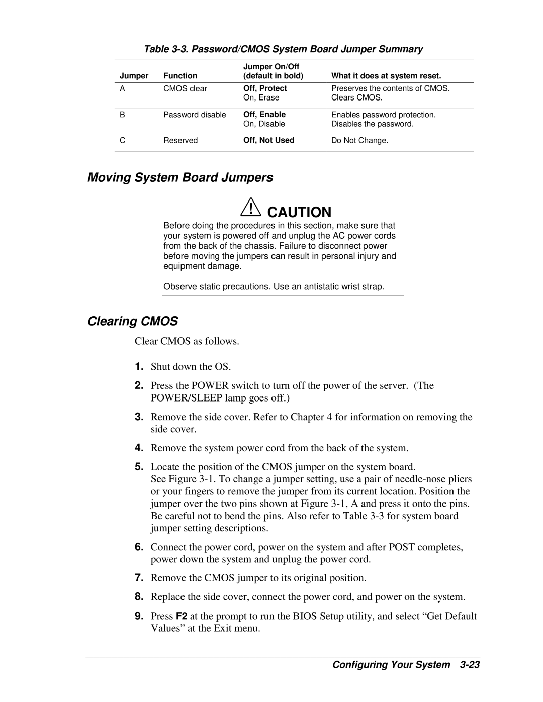 NEC 120Lg manual Moving System Board Jumpers, Clearing Cmos, Password/CMOS System Board Jumper Summary 