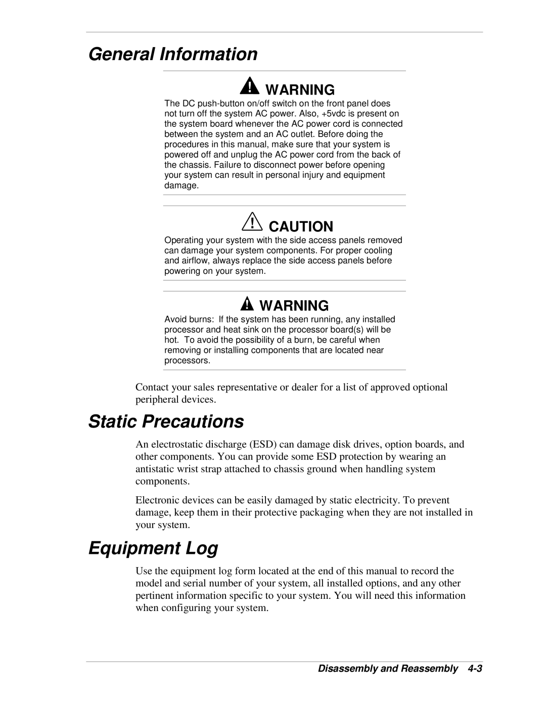 NEC 120Lg manual General Information, Static Precautions, Equipment Log 