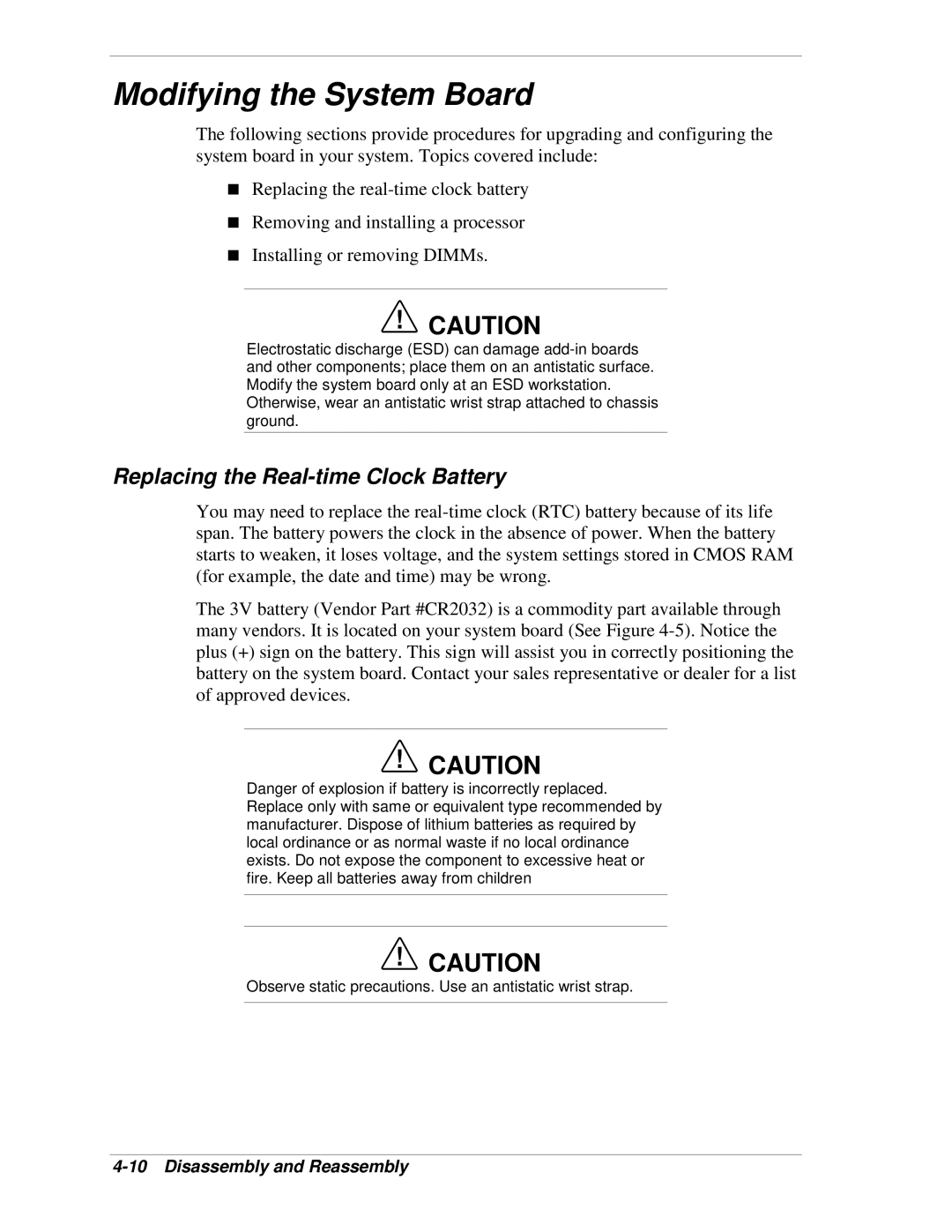 NEC 120Lg manual Modifying the System Board, Replacing the Real-time Clock Battery 