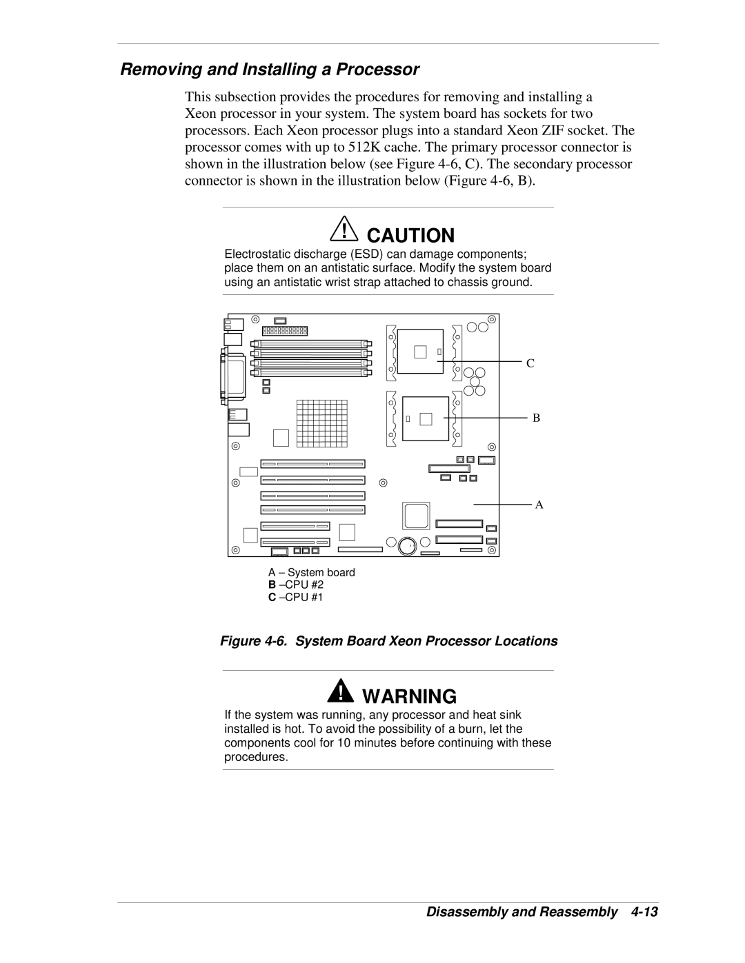 NEC 120Lg manual Removing and Installing a Processor, System Board Xeon Processor Locations 