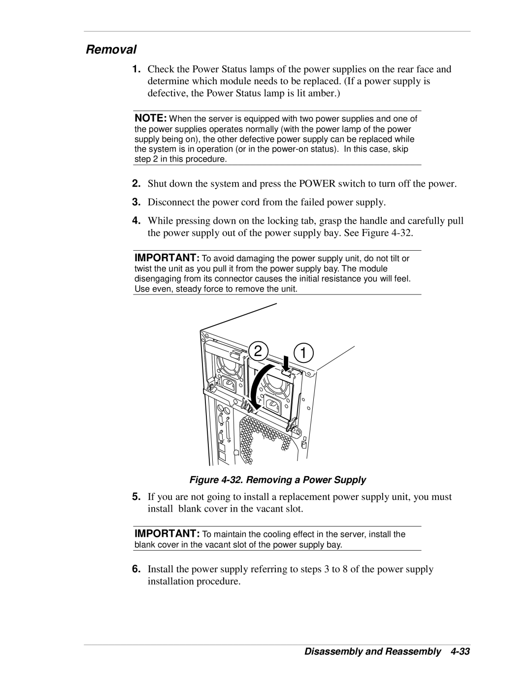 NEC 120Lg manual Removing a Power Supply 