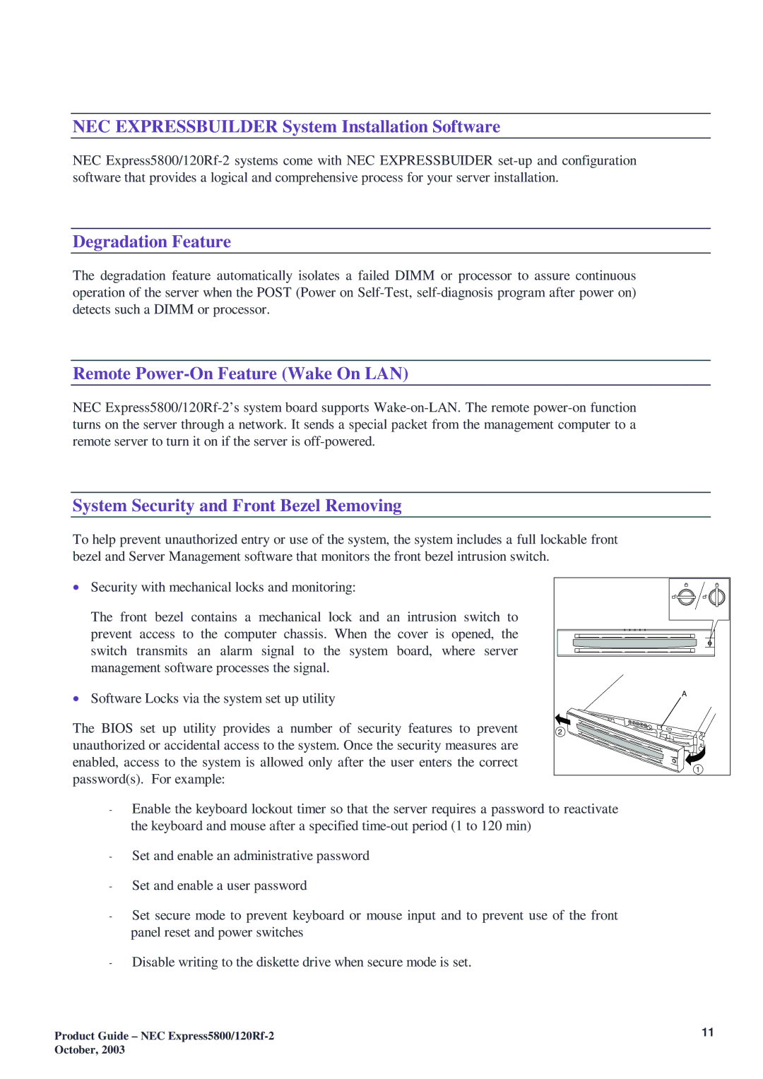 NEC 120Rf-2 NEC Expressbuilder System Installation Software, Degradation Feature, Remote Power-On Feature Wake On LAN 