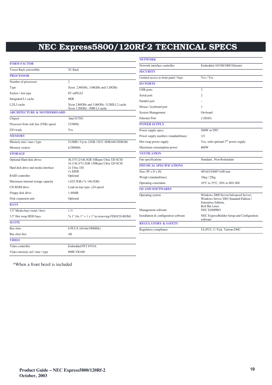 NEC manual NEC Express5800/120Rf-2 Technical Specs, Processor 