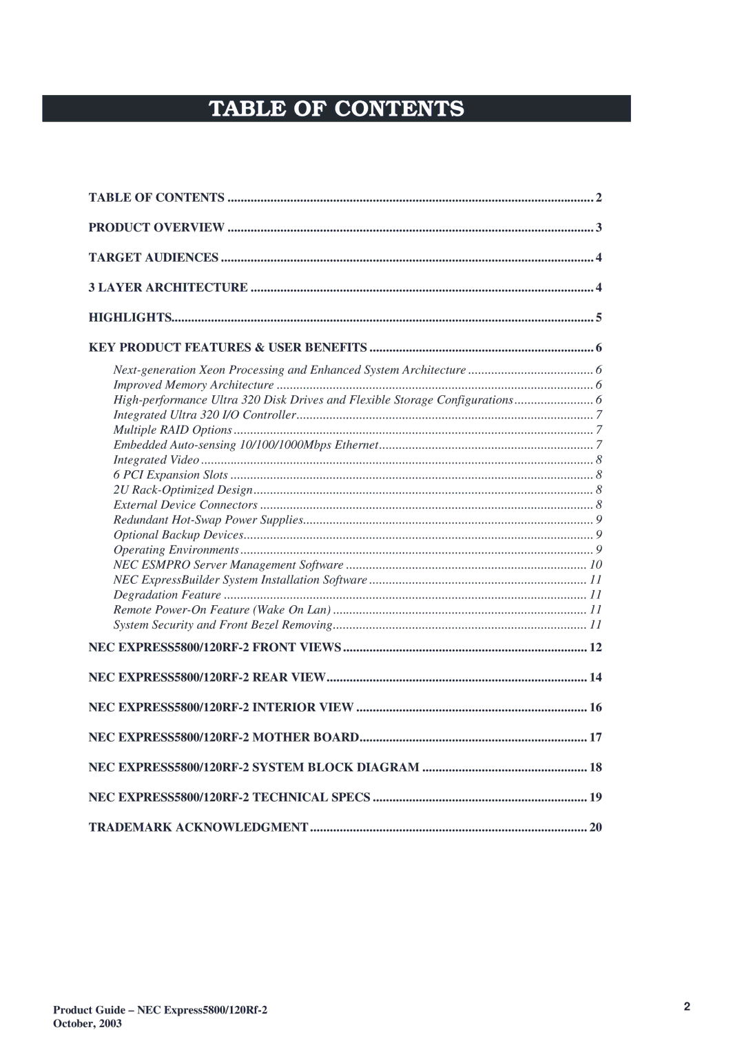 NEC 120Rf-2 manual Table of Contents 