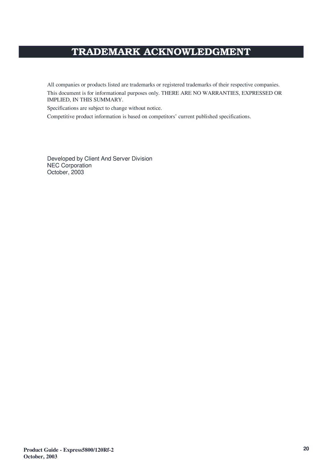 NEC 120Rf-2 manual Trademark Acknowledgment 