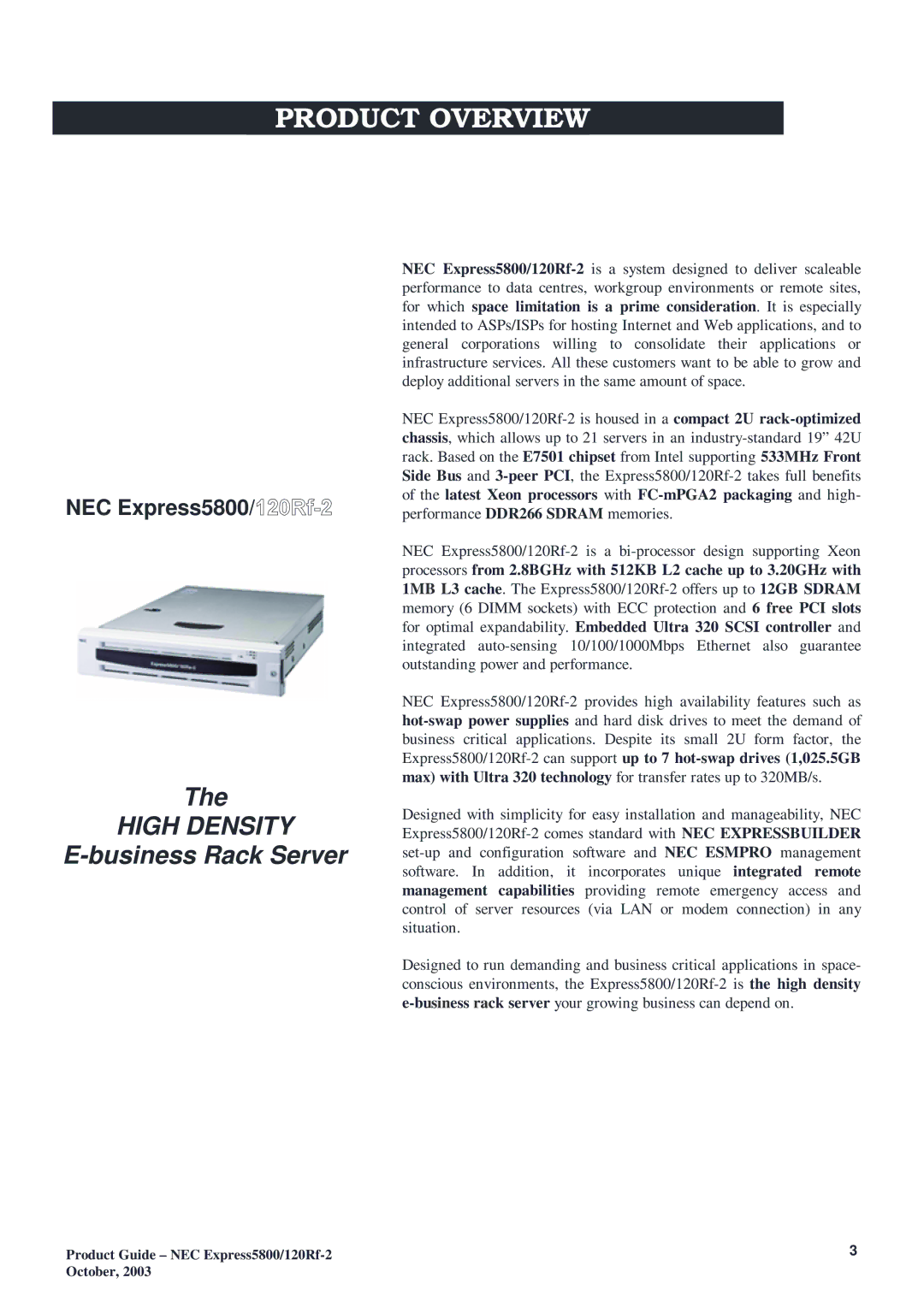 NEC 120Rf-2 manual Product Overview, High Density 