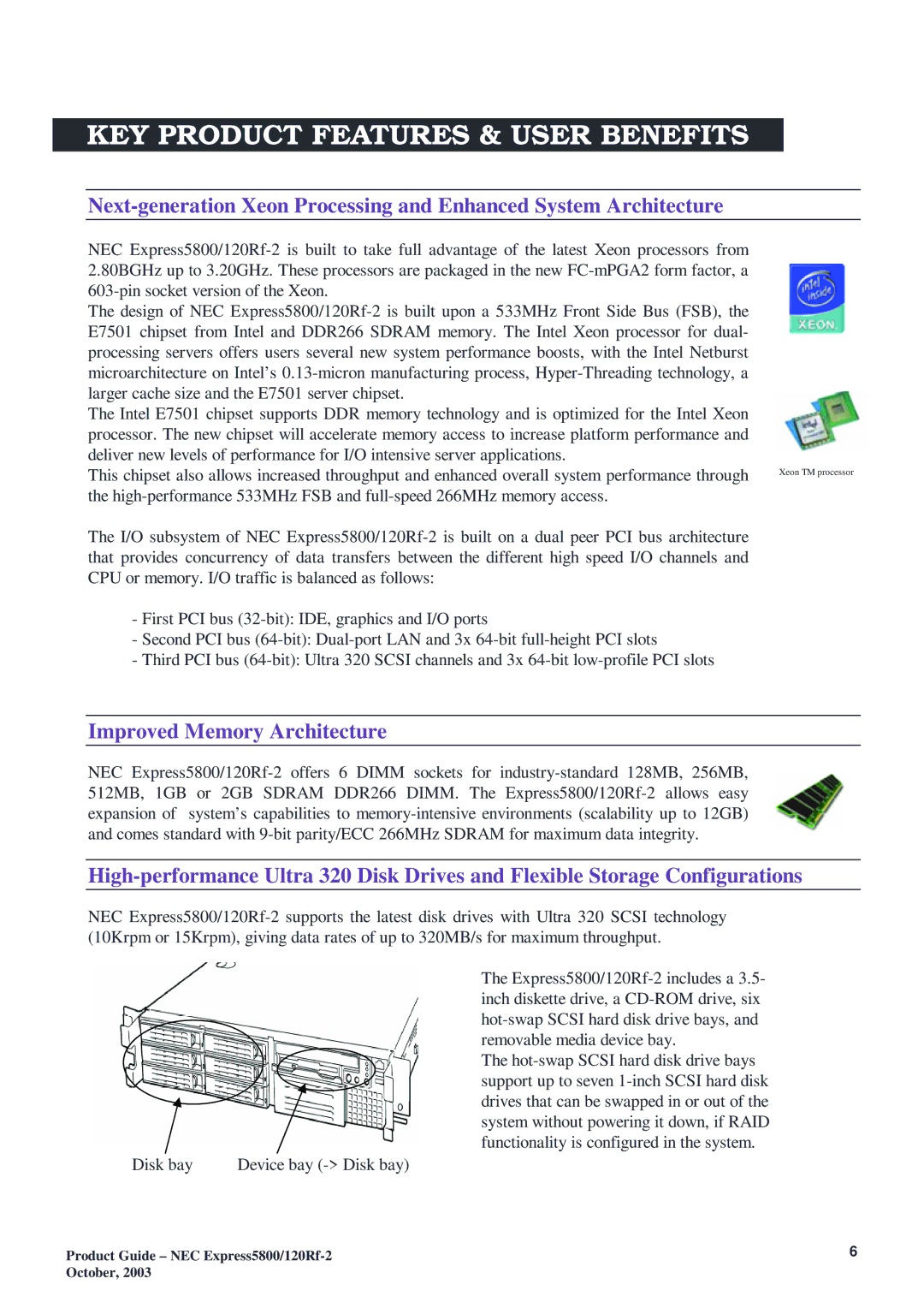 NEC 120Rf-2 manual KEY Product Features & User Benefits, Improved Memory Architecture 