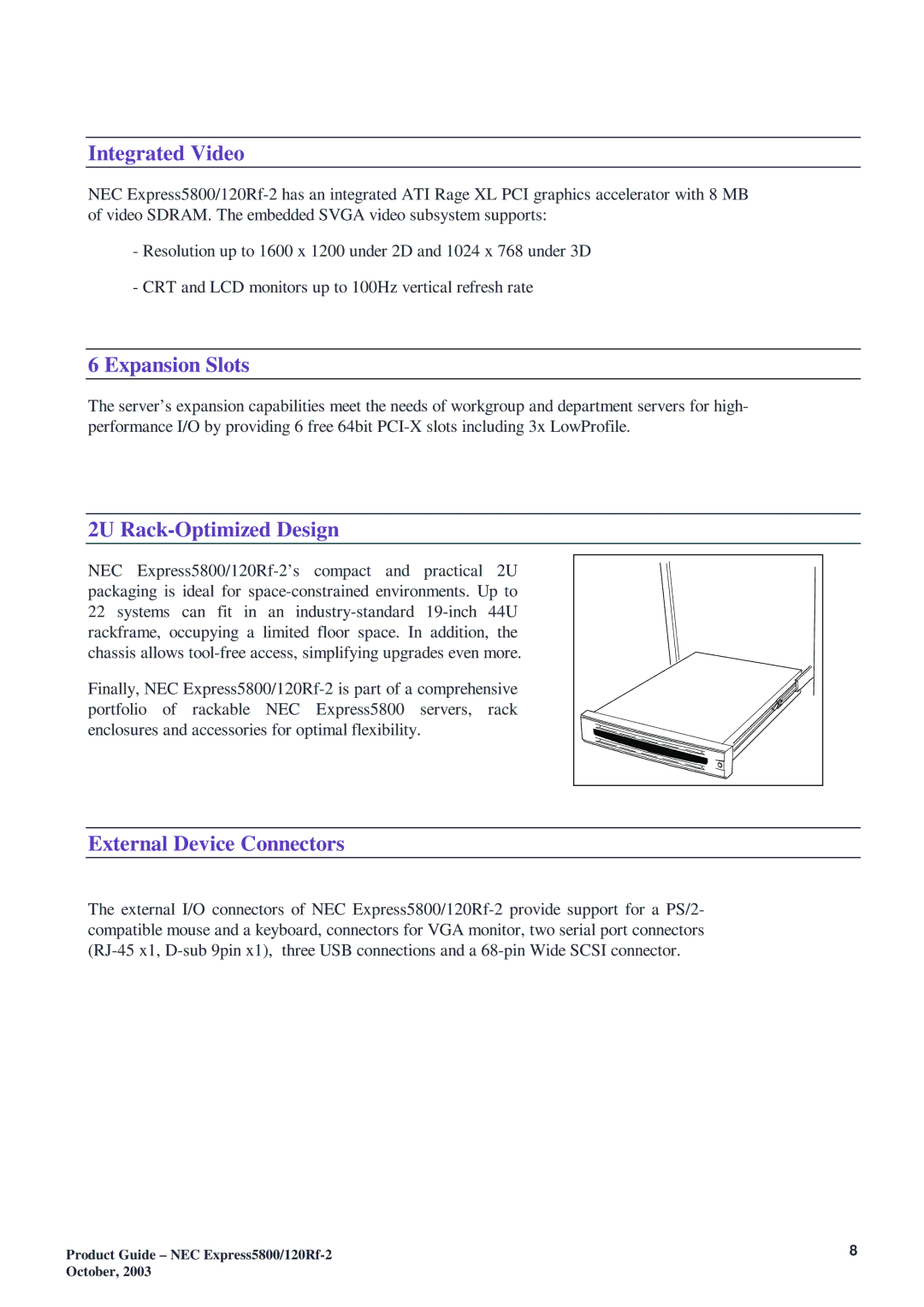 NEC 120Rf-2 manual Integrated Video, Expansion Slots, 2U Rack-Optimized Design, External Device Connectors 