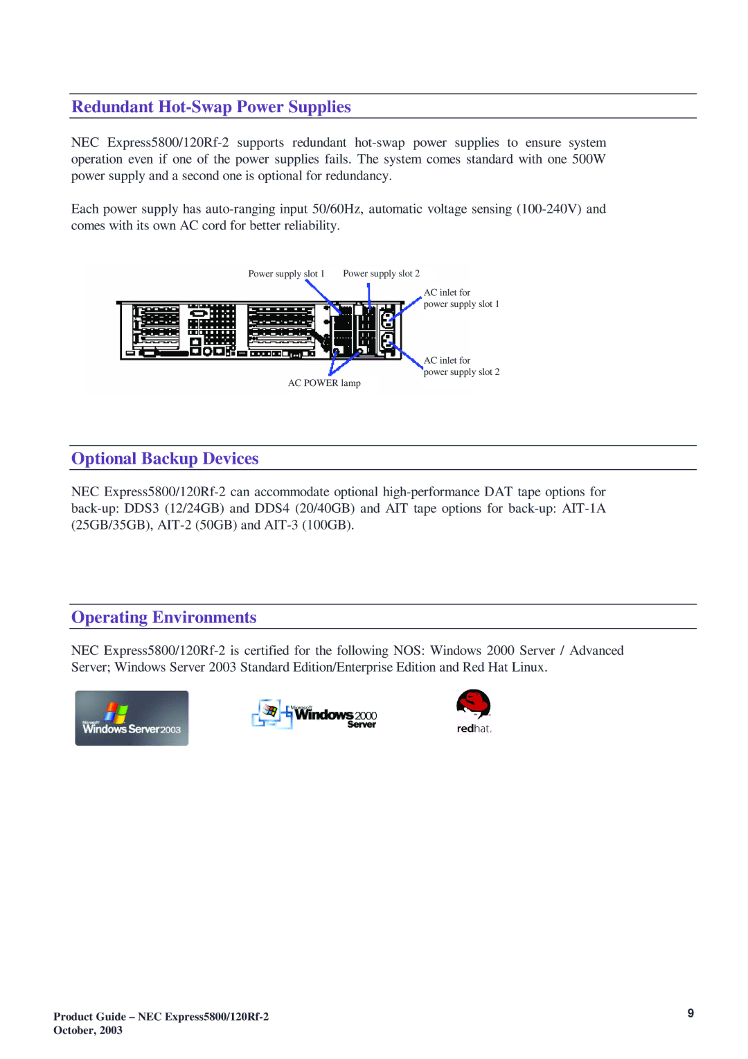 NEC 120Rf-2 manual Redundant Hot-Swap Power Supplies, Optional Backup Devices, Operating Environments 